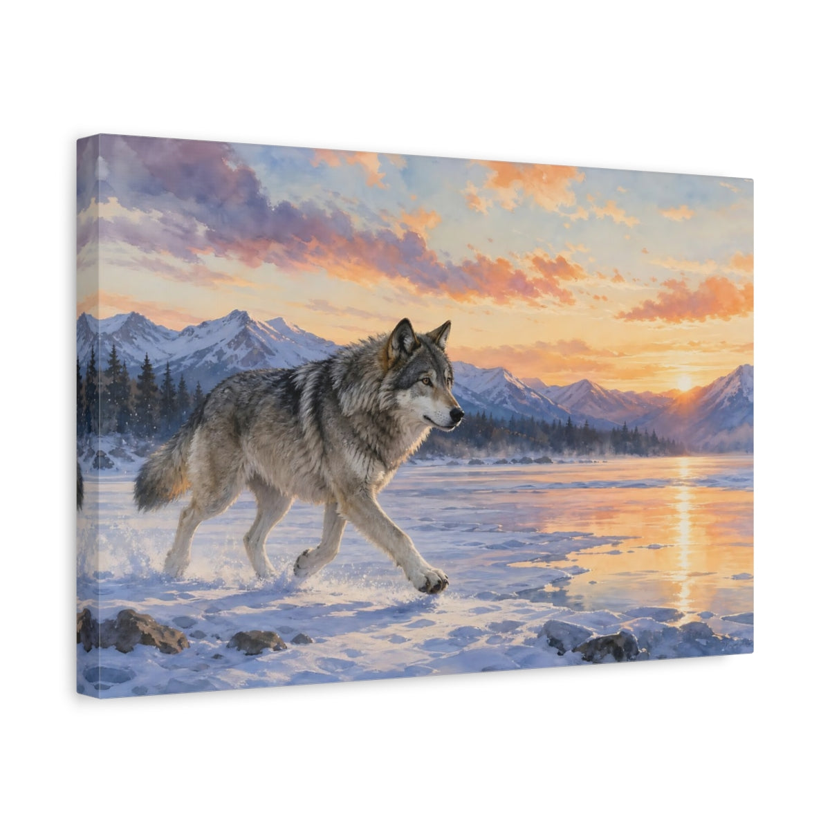 Side Mockup 4. Animals Wolf Sunset Wolf shown as canvas print