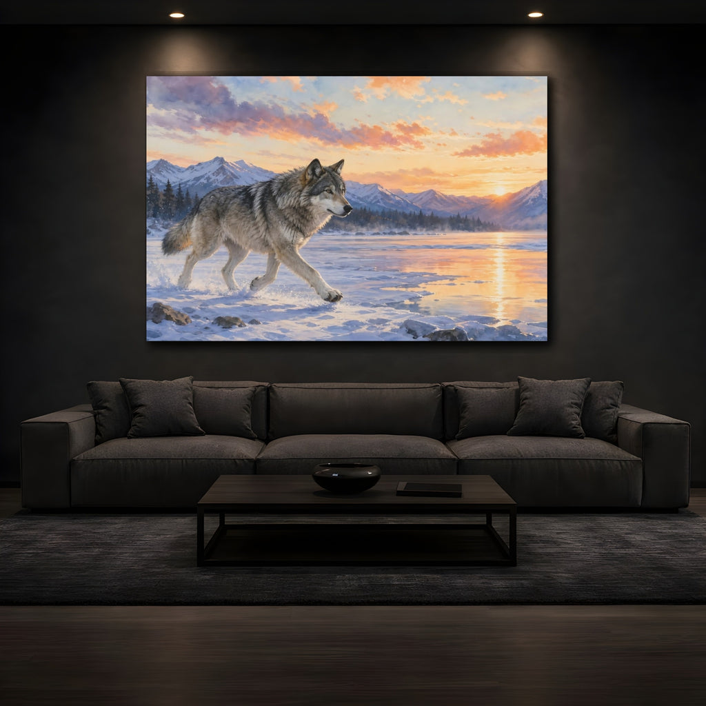 Mockup 3. Animals Wolf Sunset Wolf shown as canvas print