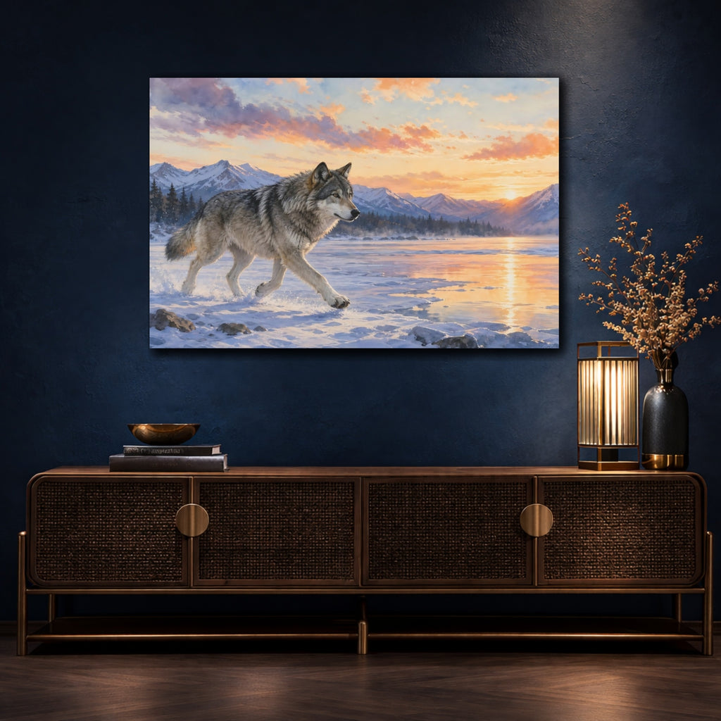 Mockup 4. Animals Wolf Sunset Wolf shown as canvas print