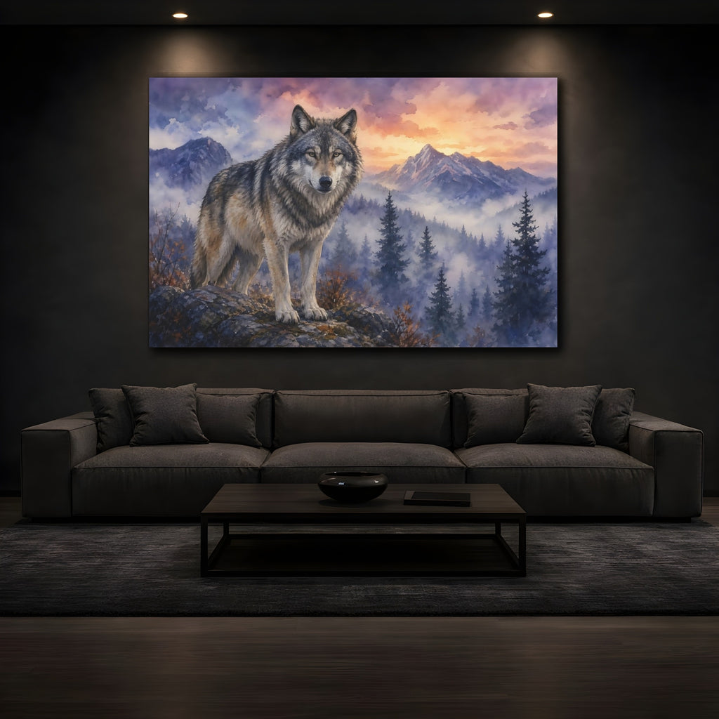 Mockup 3. Animals Wolf Wolf Forest Sunset shown as stretched canvas wall art