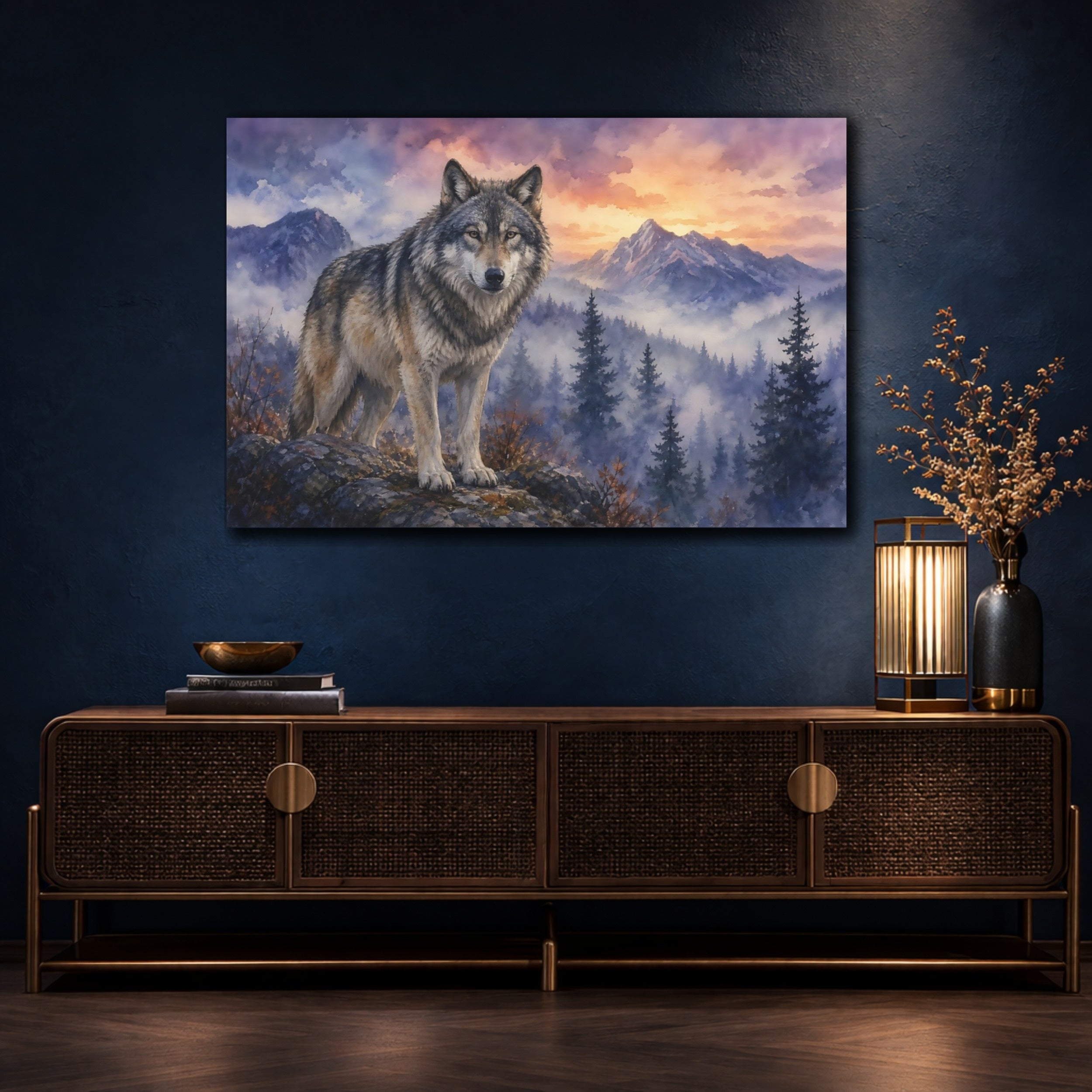 Mockup 4. Animals Wolf Wolf Forest Sunset shown as stretched canvas wall art