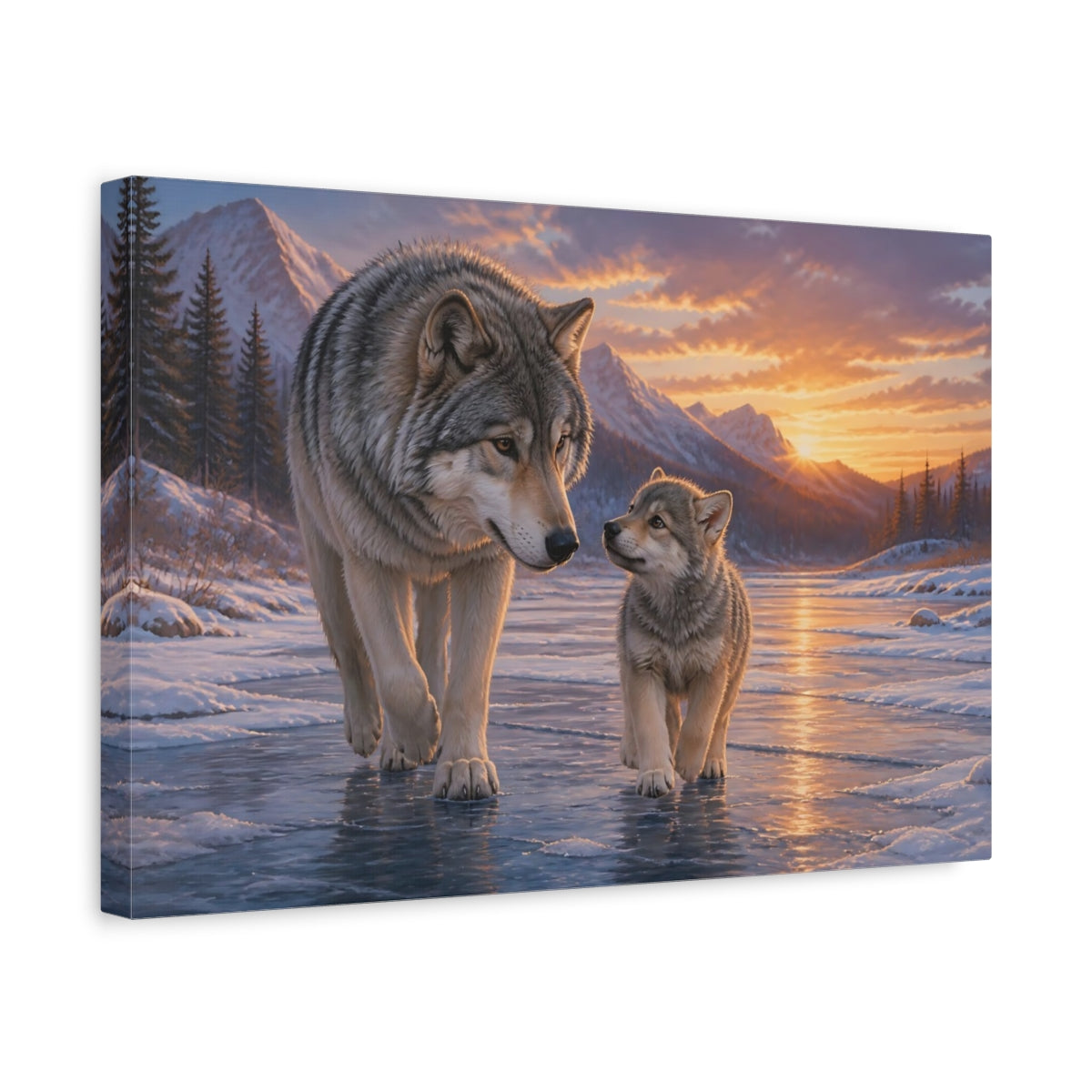 Side Mockup 4. Animals Wolves Gray Wolf Sunset shown as canvas print