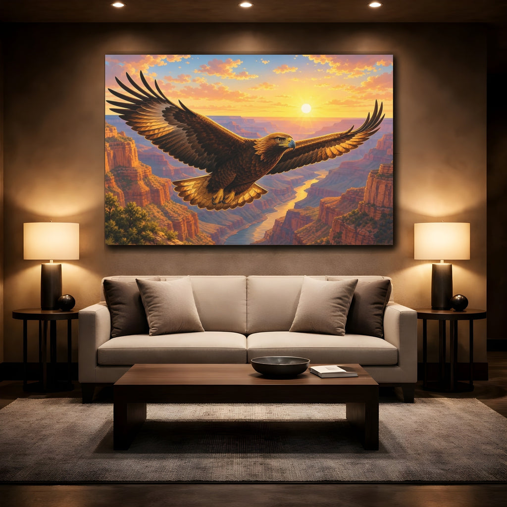 Mockup 2. Birds Eagle Brown And Gold shown as stretched canvas wall art