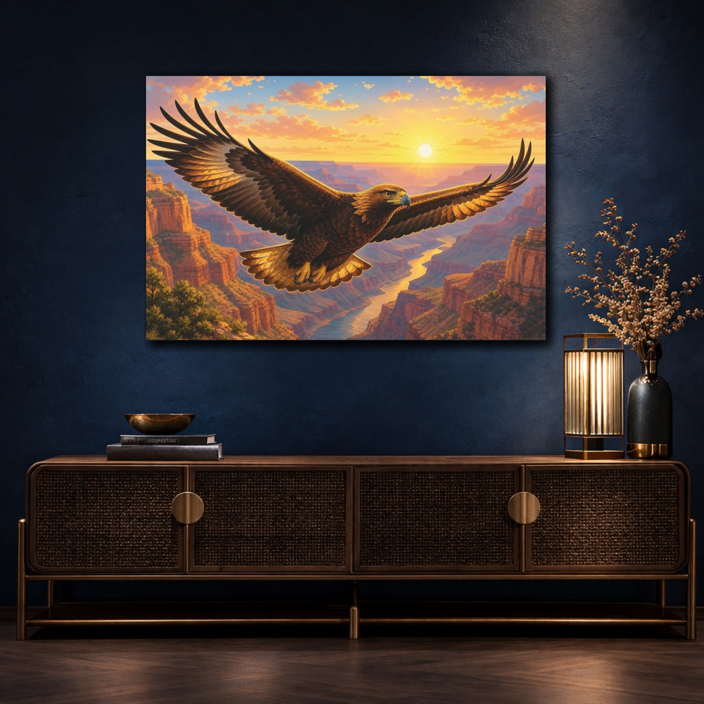 Mockup 4. Birds Eagle Brown And Gold shown as stretched canvas wall art