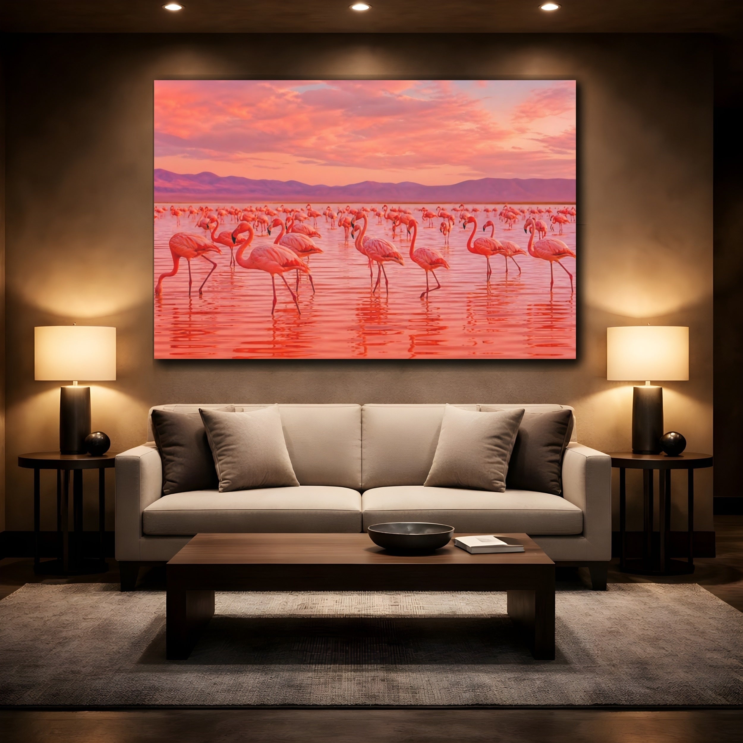 Mockup 2. Birds Flamingos Pink Flamingos shown as canvas print