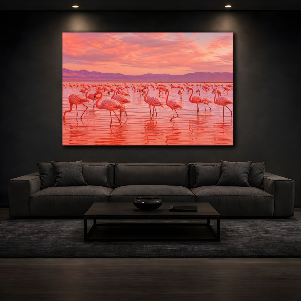 Mockup 3. Birds Flamingos Pink Flamingos shown as canvas print