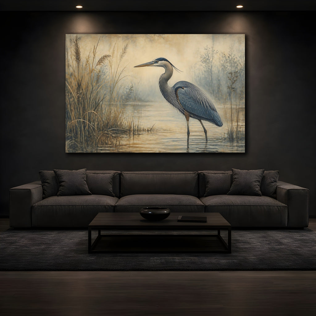 Mockup 3. Birds Heron Blue Heron shown as canvas print