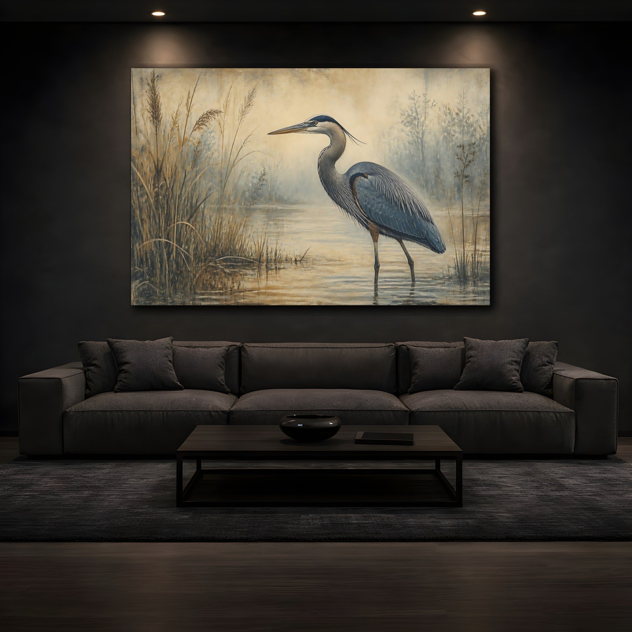 Mockup 3. Birds Heron Blue Heron shown as canvas print