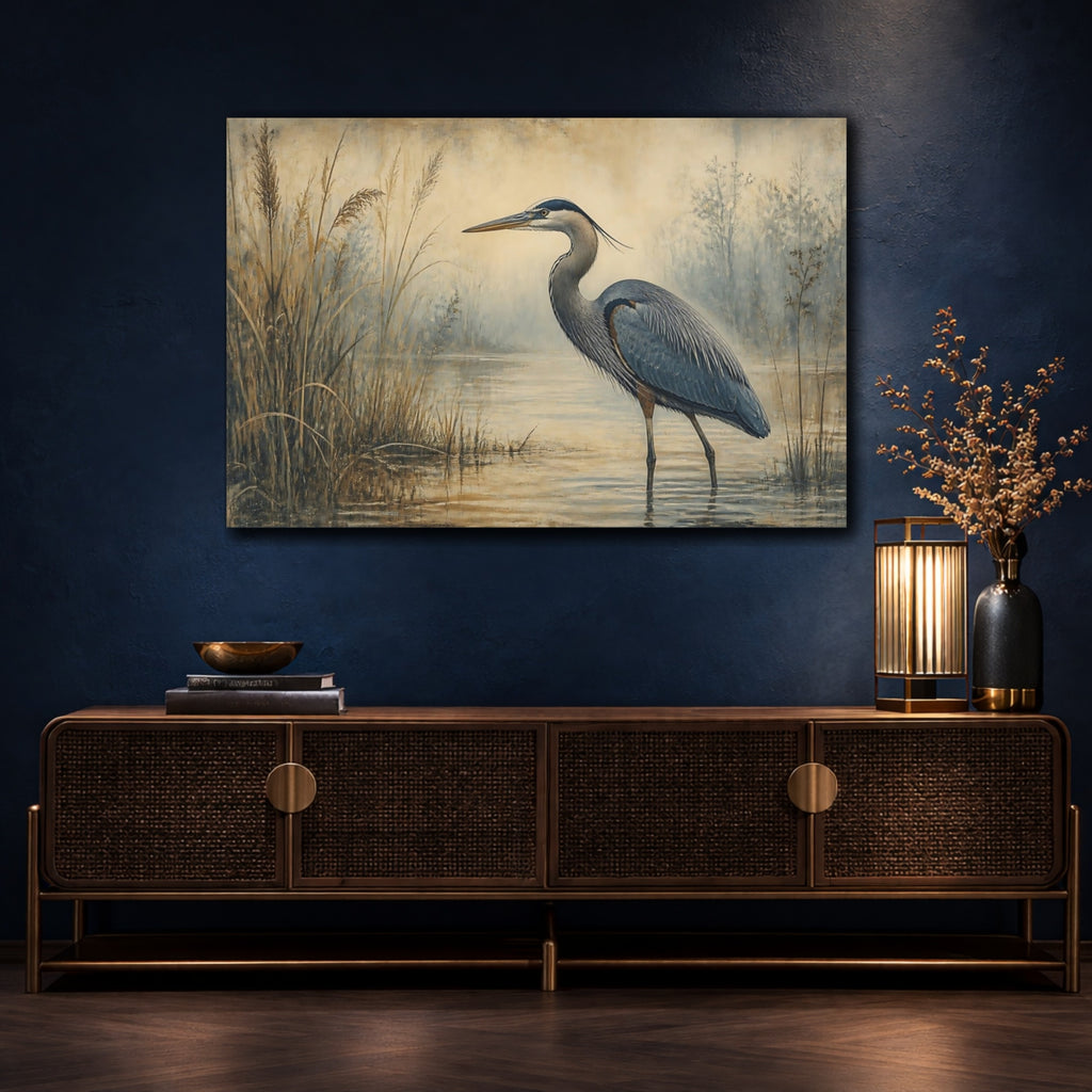 Mockup 4. Birds Heron Blue Heron shown as canvas print