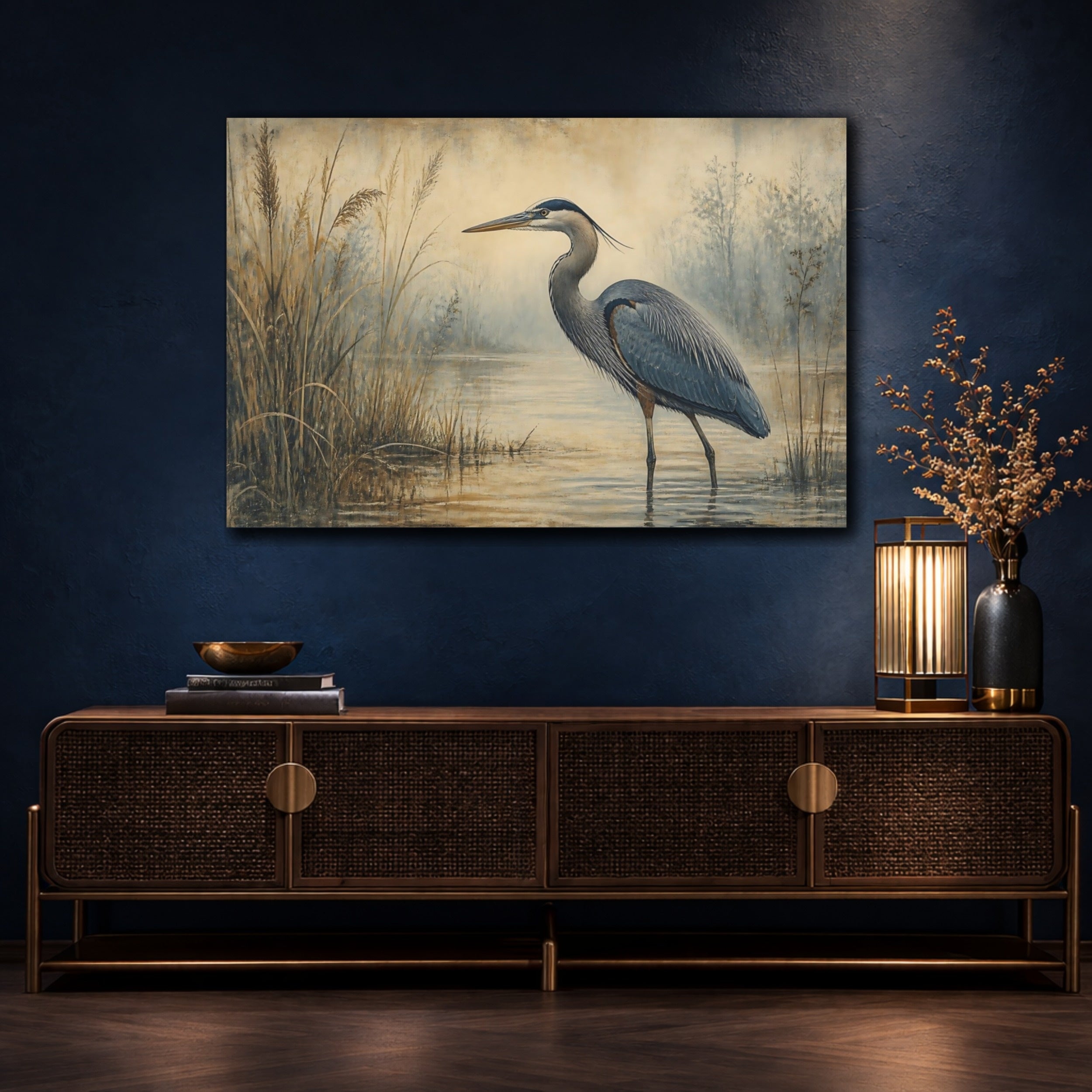 Mockup 4. Birds Heron Blue Heron shown as canvas print