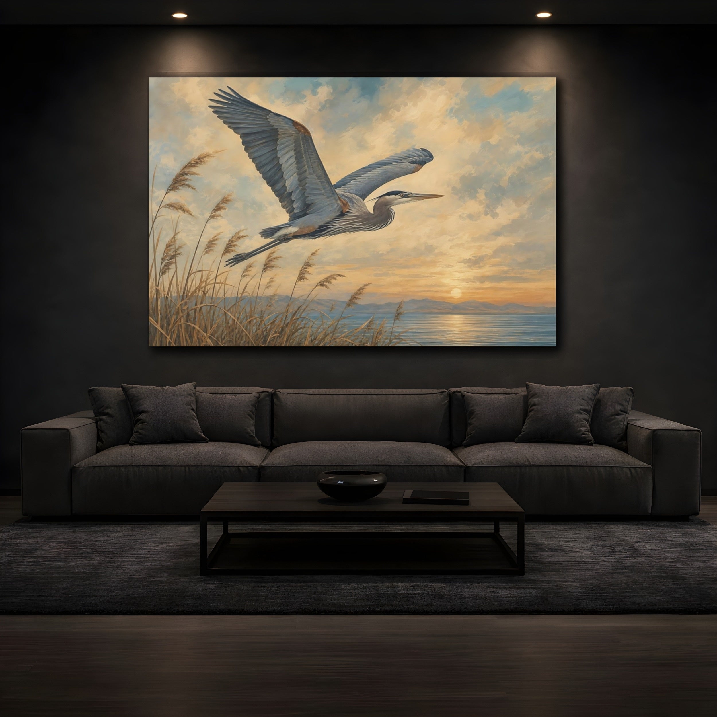 Mockup 3. Birds Heron Heron Sunset shown as canvas print
