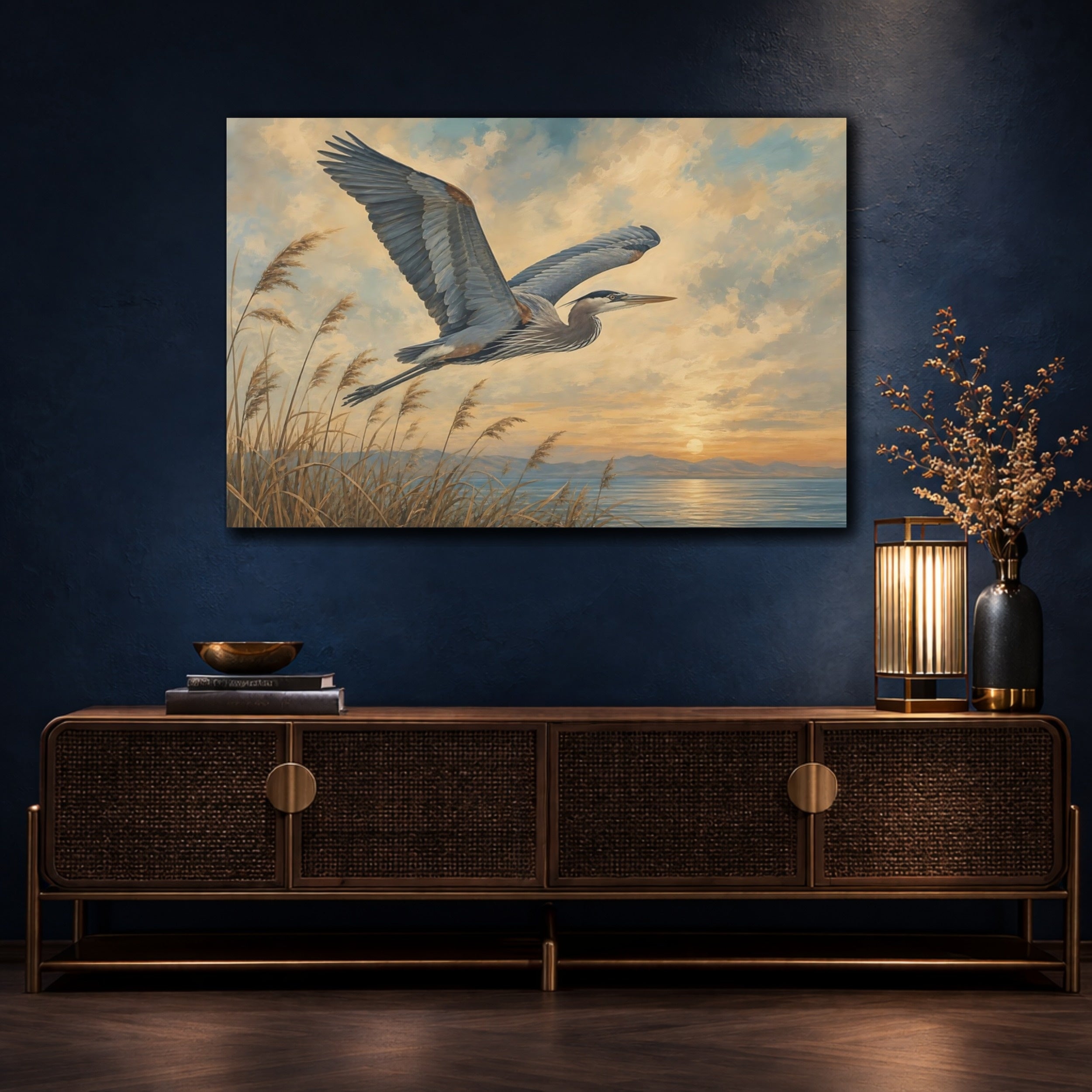 Mockup 4. Birds Heron Heron Sunset shown as canvas print