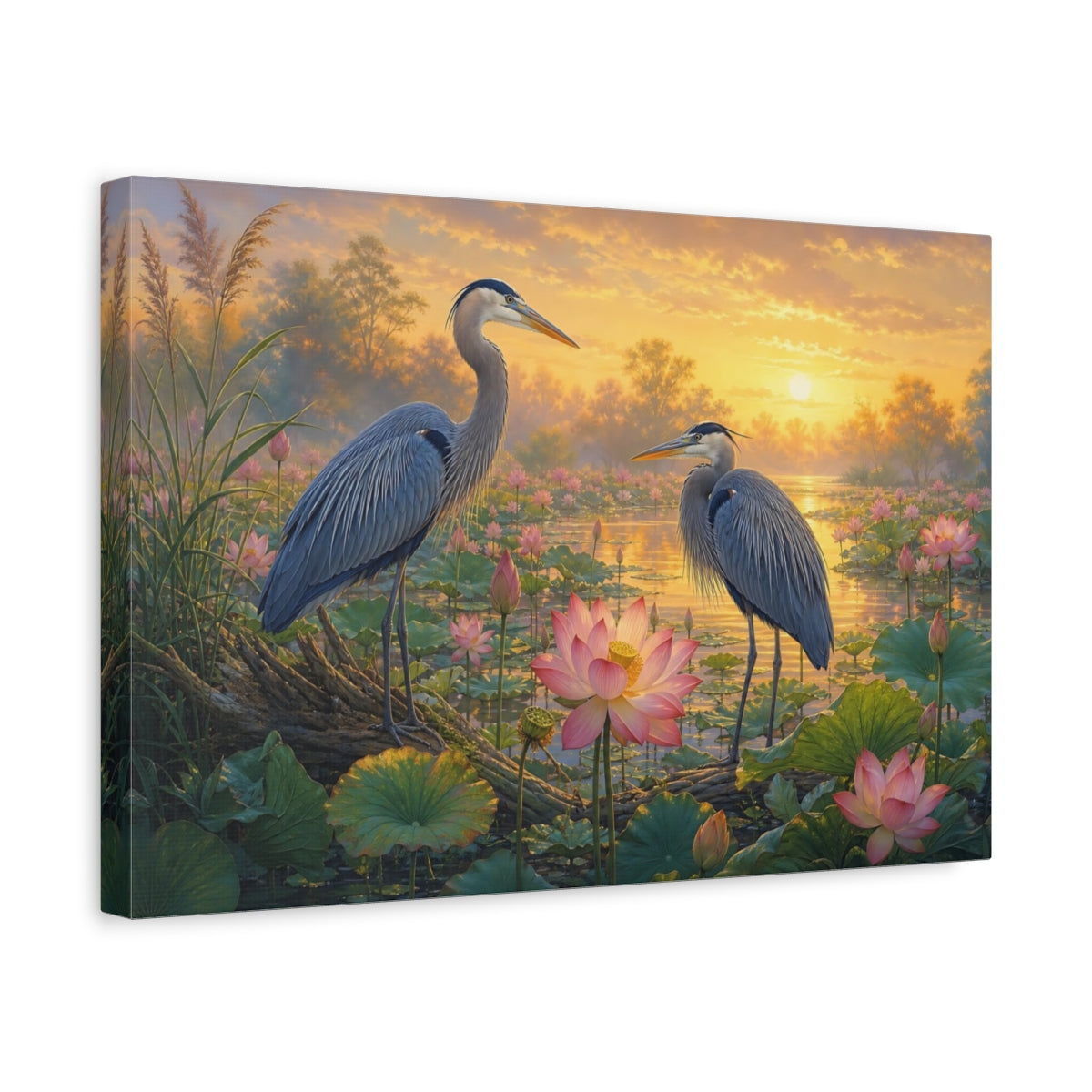 Side Mockup 4. Birds Herons Blue And Gold shown as canvas print