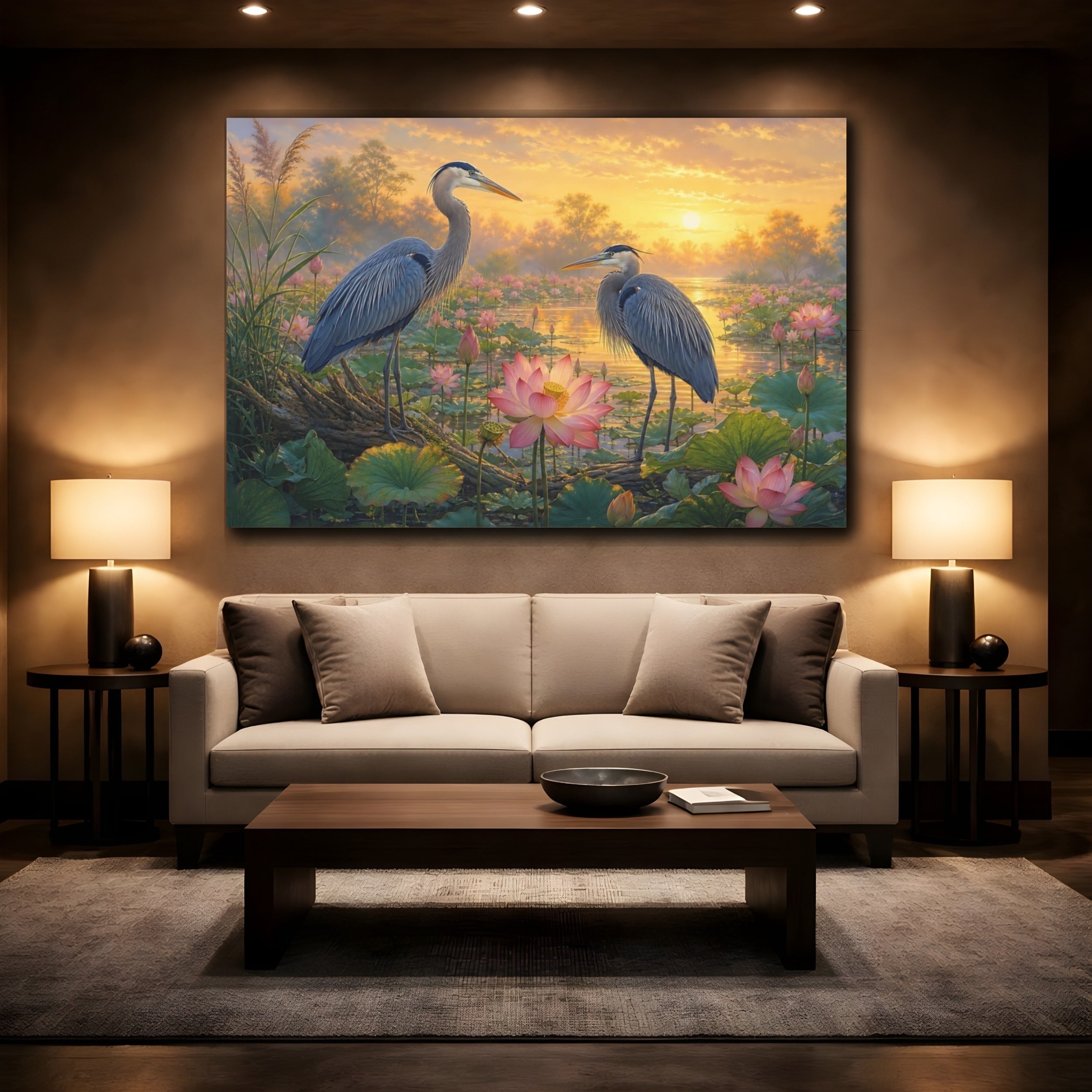 Mockup 2. Birds Herons Blue And Gold shown as canvas print