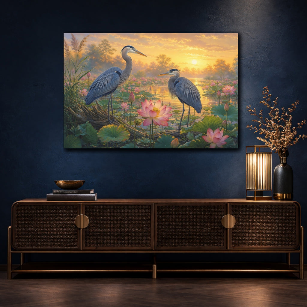 Mockup 4. Birds Herons Blue And Gold shown as canvas print