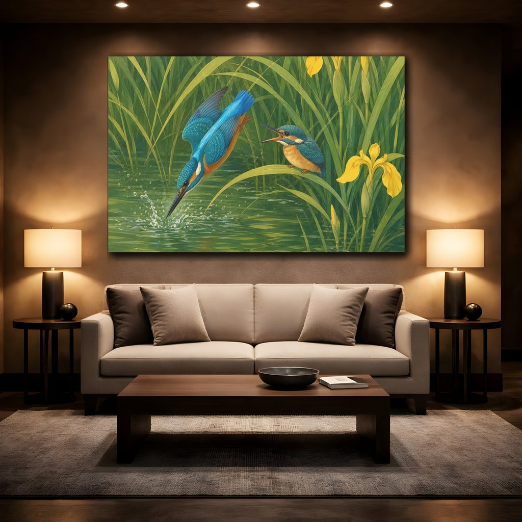 Mockup 2. Birds Kingfishers Green And Blue Birds shown as canvas print