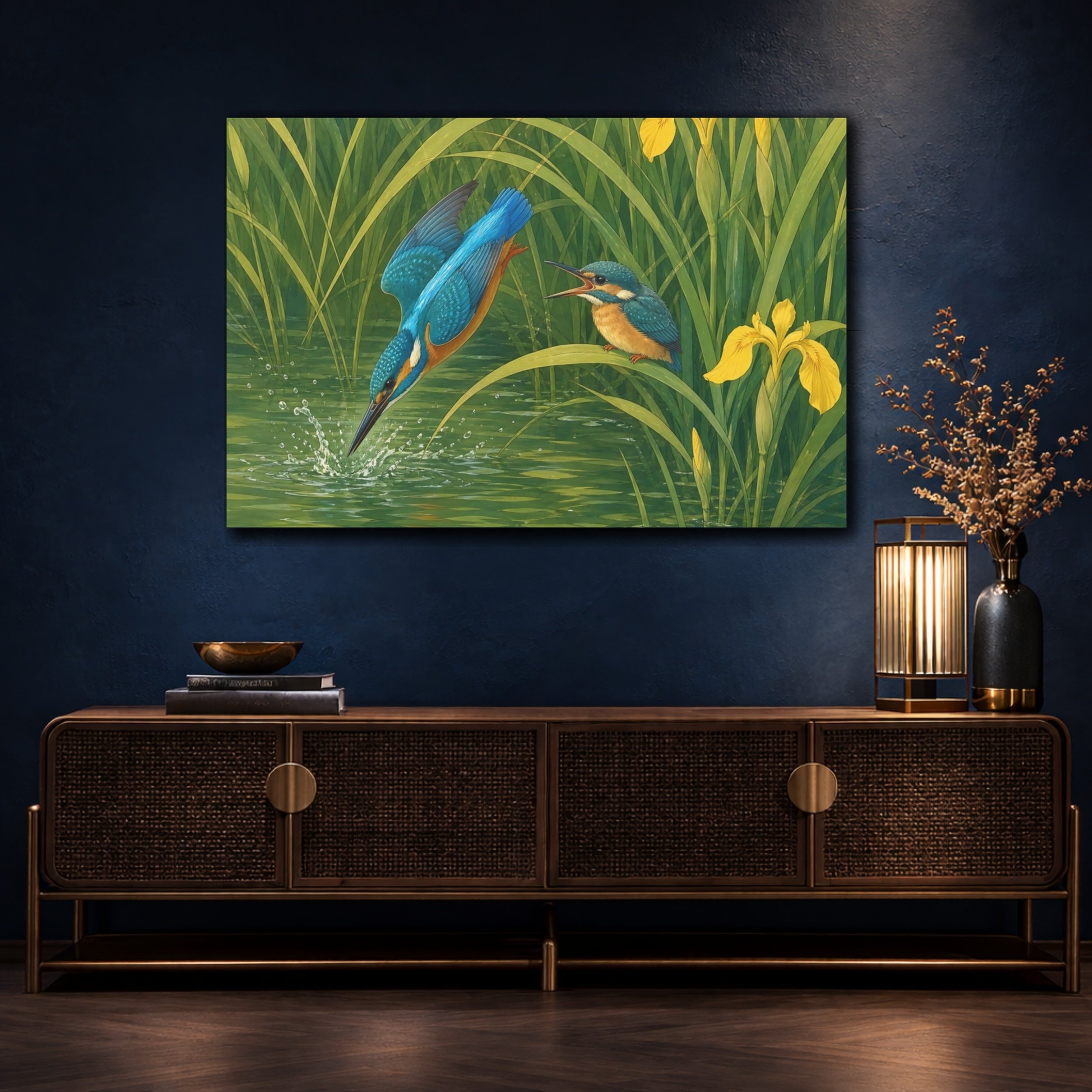 Mockup 4. Birds Kingfishers Green And Blue Birds shown as canvas print