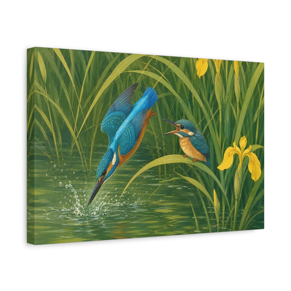 Side Mockup 4. Birds Kingfishers Green And Blue Birds shown as canvas print