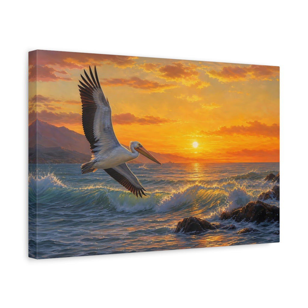 Side Mockup 4. Birds Pelican Orange And Blue shown as canvas print