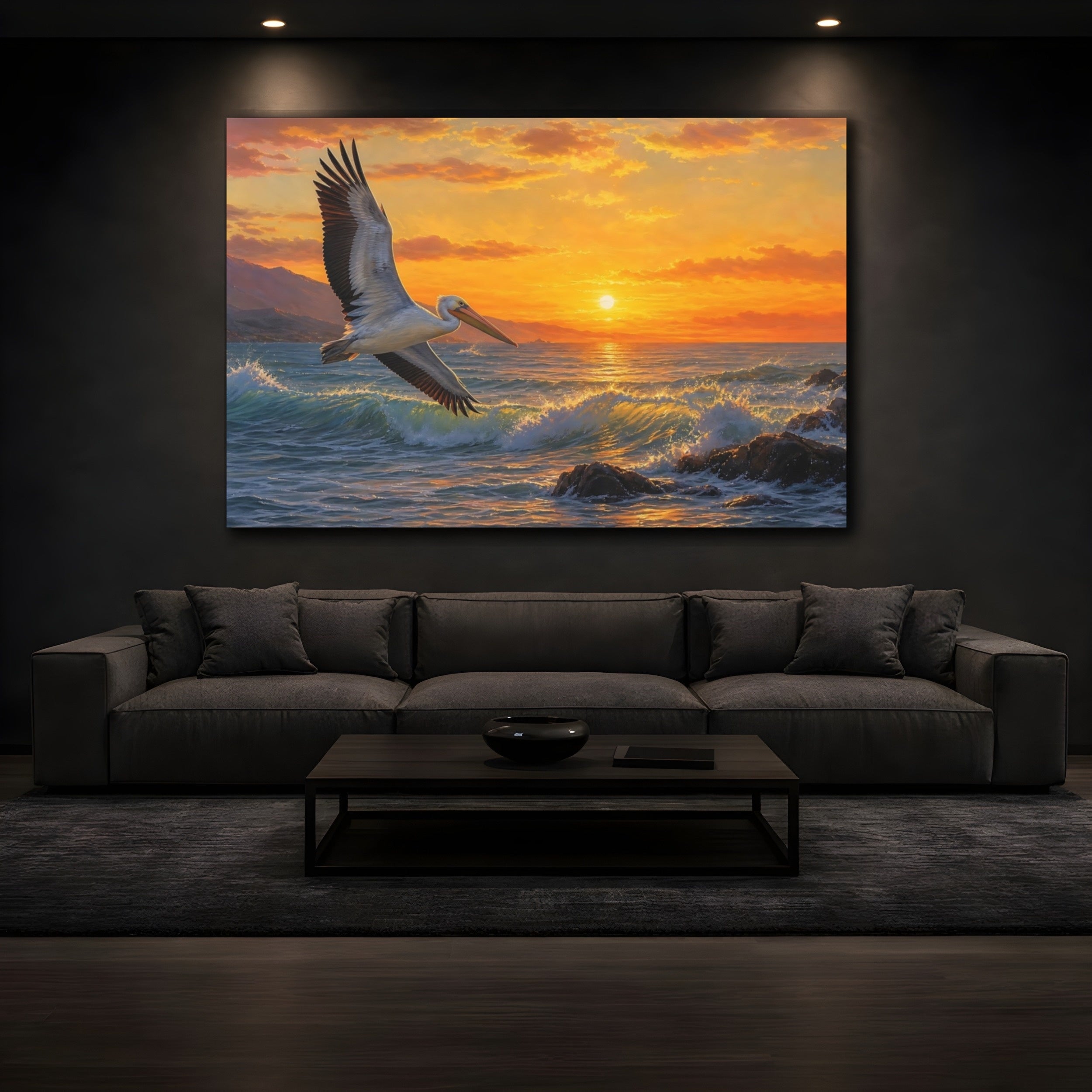 Mockup 3. Birds Pelican Orange And Blue shown as canvas print