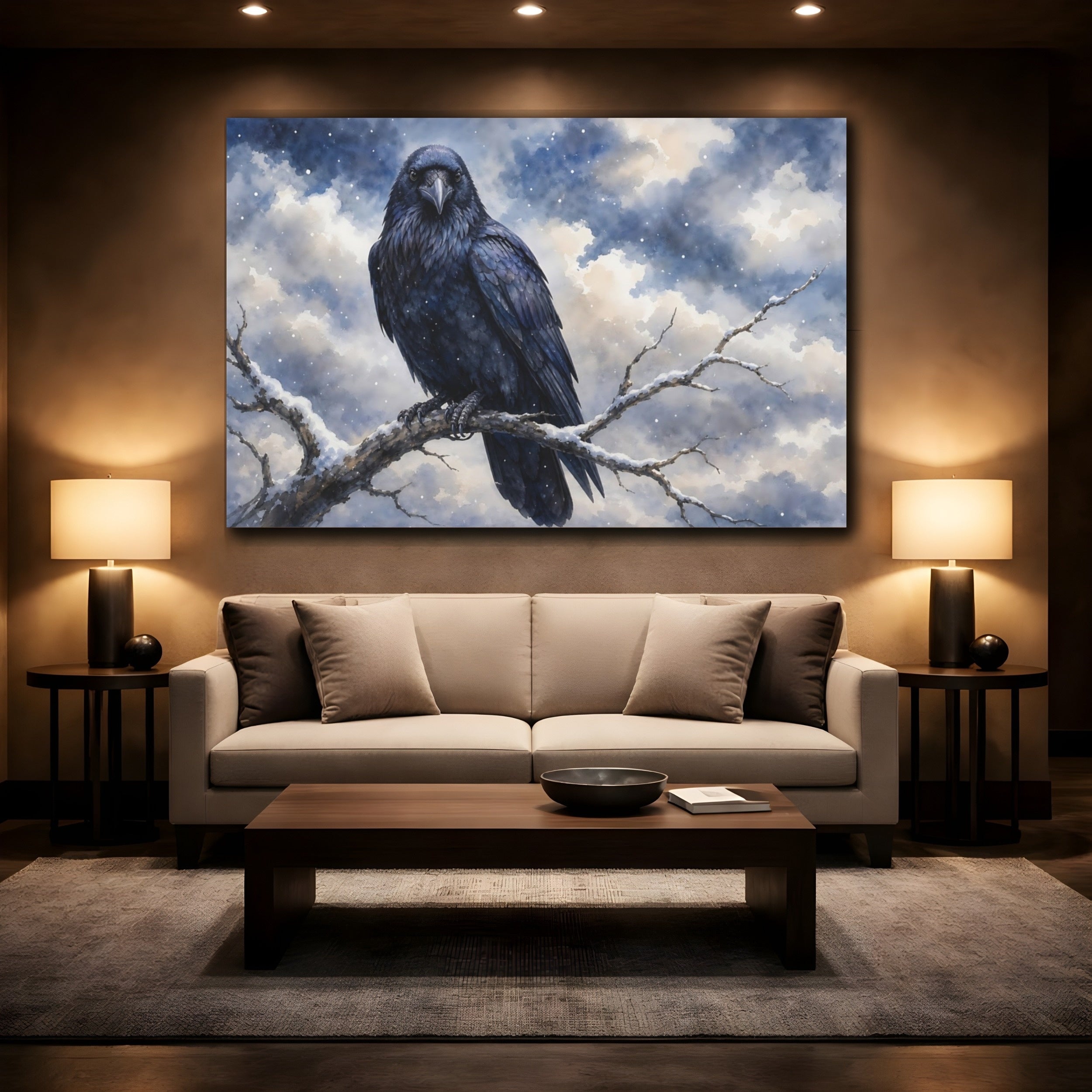Mockup 2. Birds Raven Winter Raven shown as canvas print