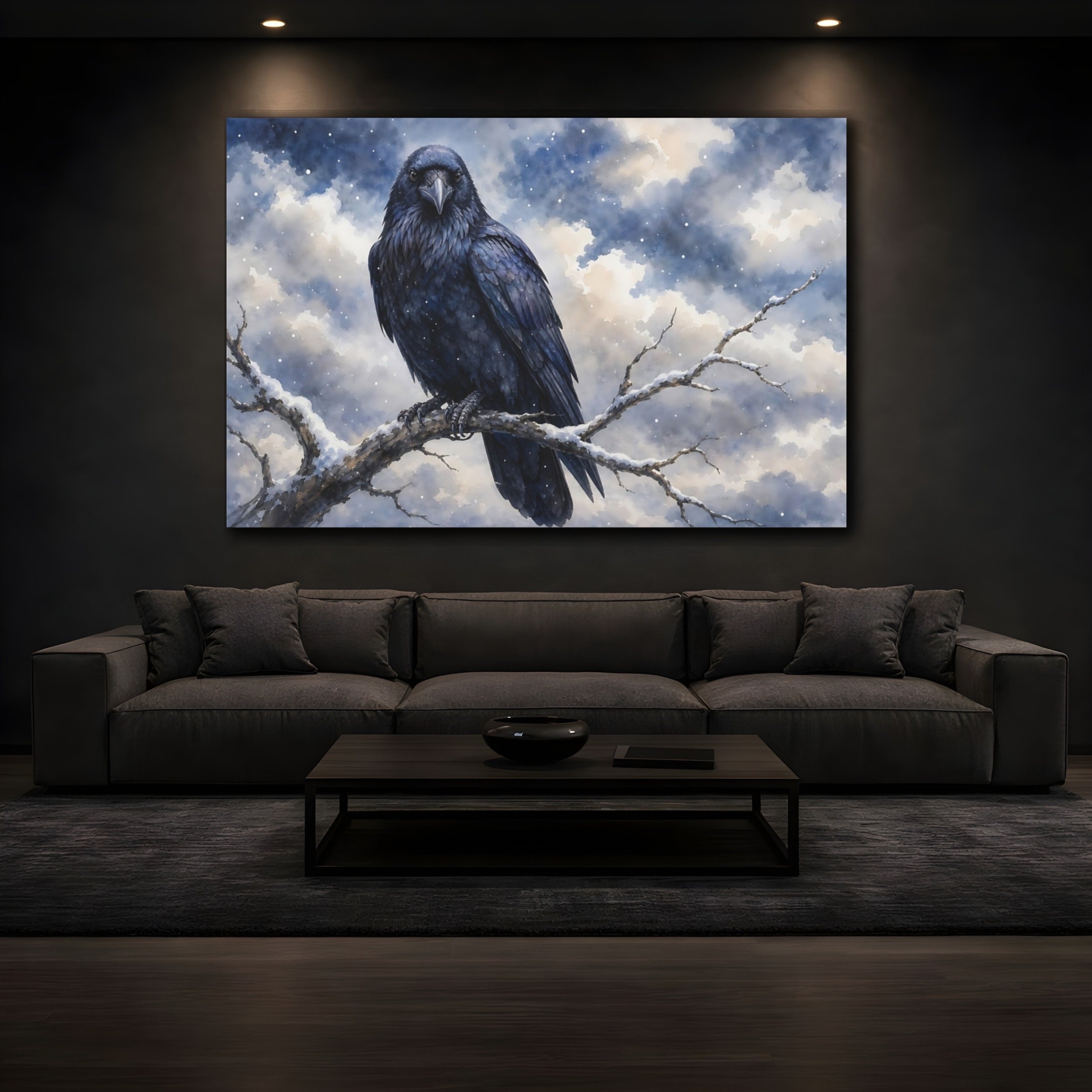 Mockup 3. Birds Raven Winter Raven shown as canvas print