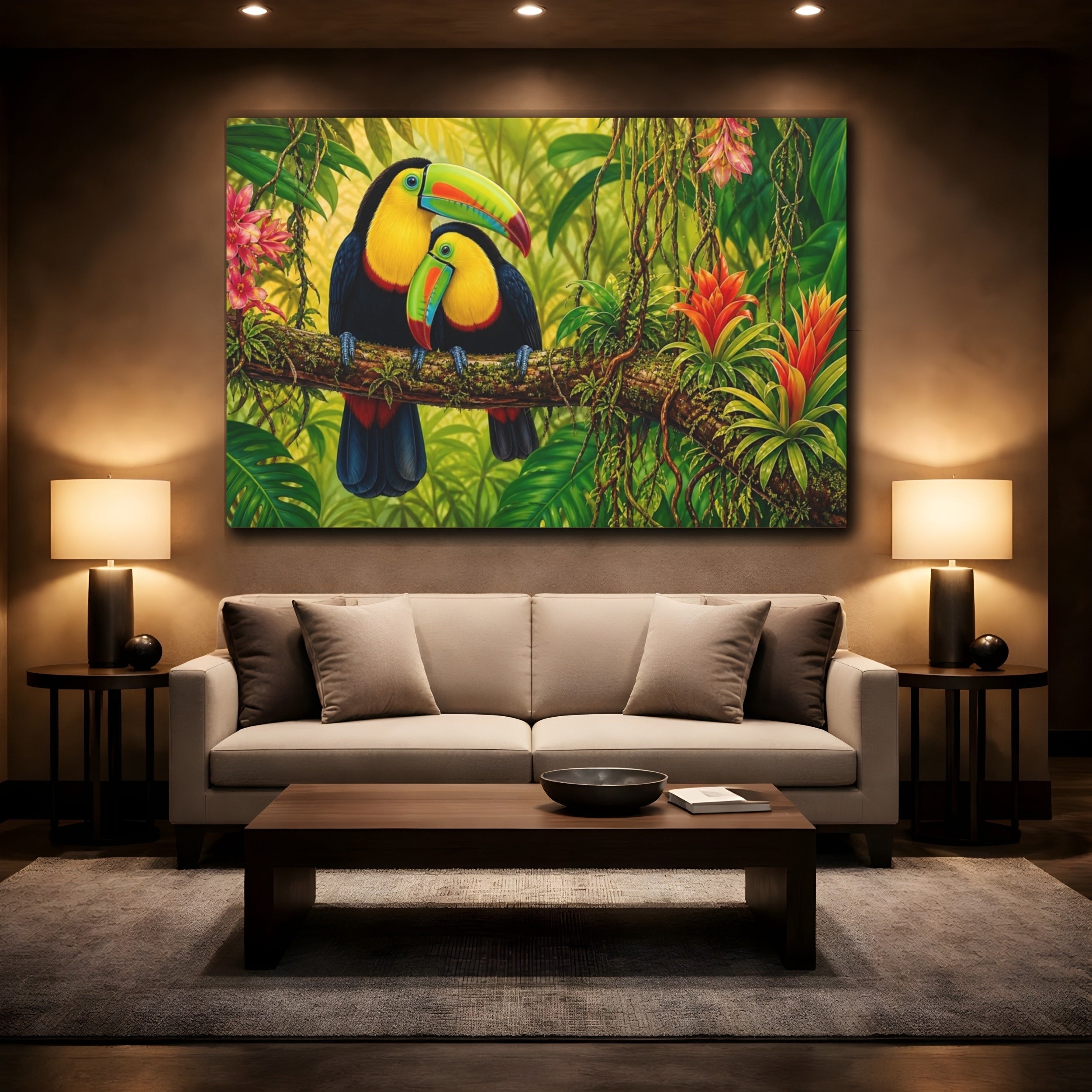 Mockup 2. Birds Toucans Colorful Toucans Jungle shown as stretched canvas wall art