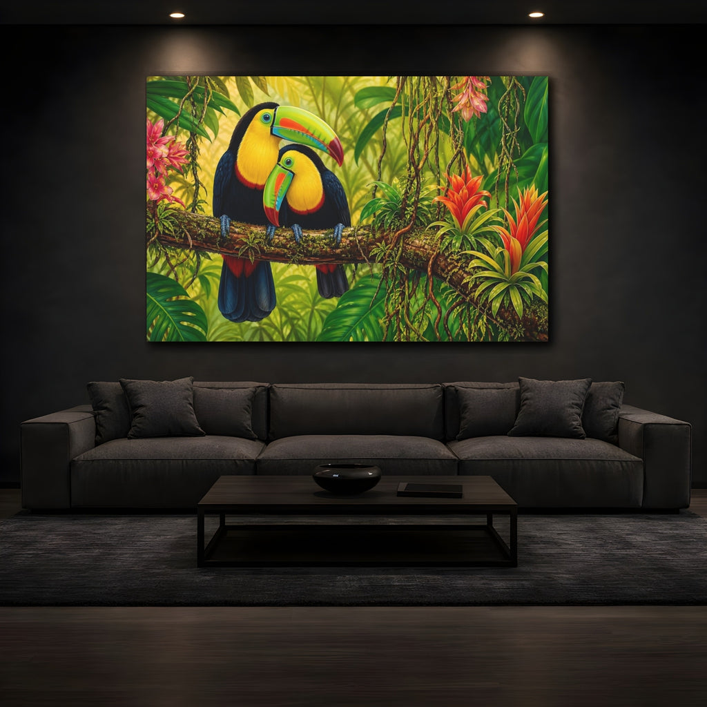 Mockup 3. Birds Toucans Colorful Toucans Jungle shown as stretched canvas wall art