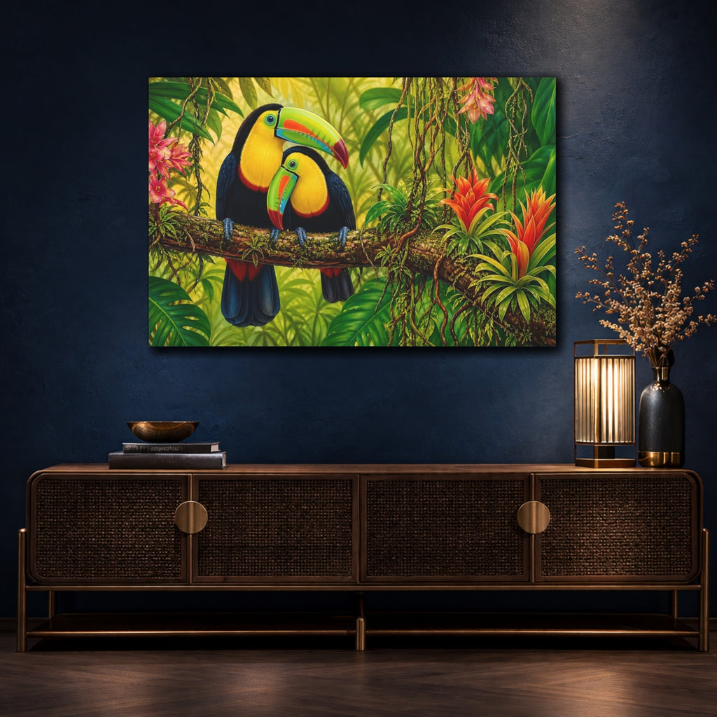 Mockup 4. Birds Toucans Colorful Toucans Jungle shown as stretched canvas wall art