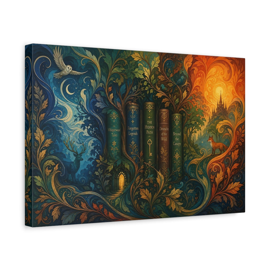 Side Mockup 4. Fairytale Enchanted Books Fantasy Forest shown as stretched canvas wall art