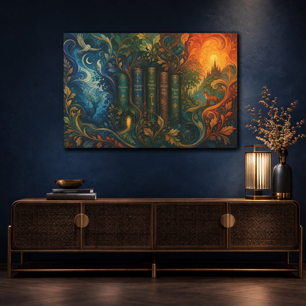 Mockup 4. Fairytale Enchanted Books Fantasy Forest shown as stretched canvas wall art