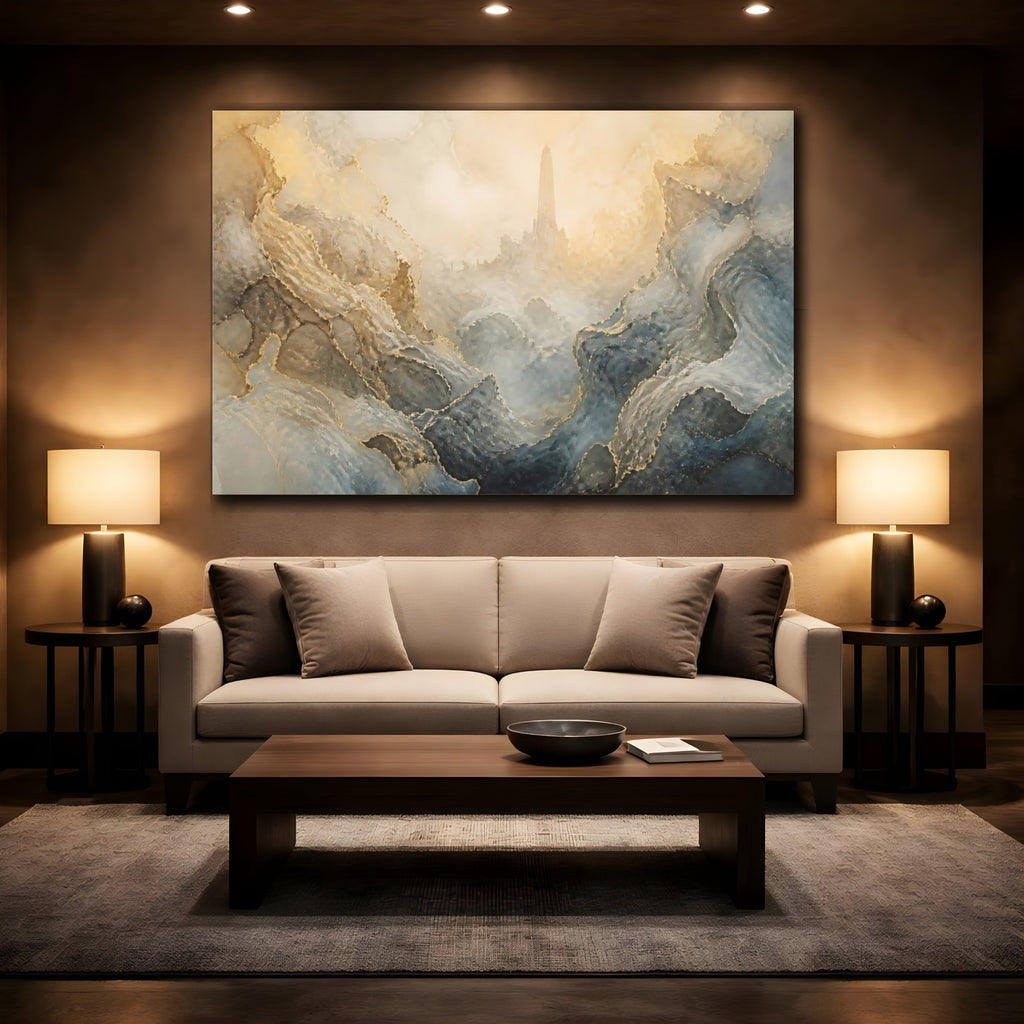 Mockup 2. Fairytale Fantasy Tower Abstract Gold Mountain shown as stretched canvas wall art
