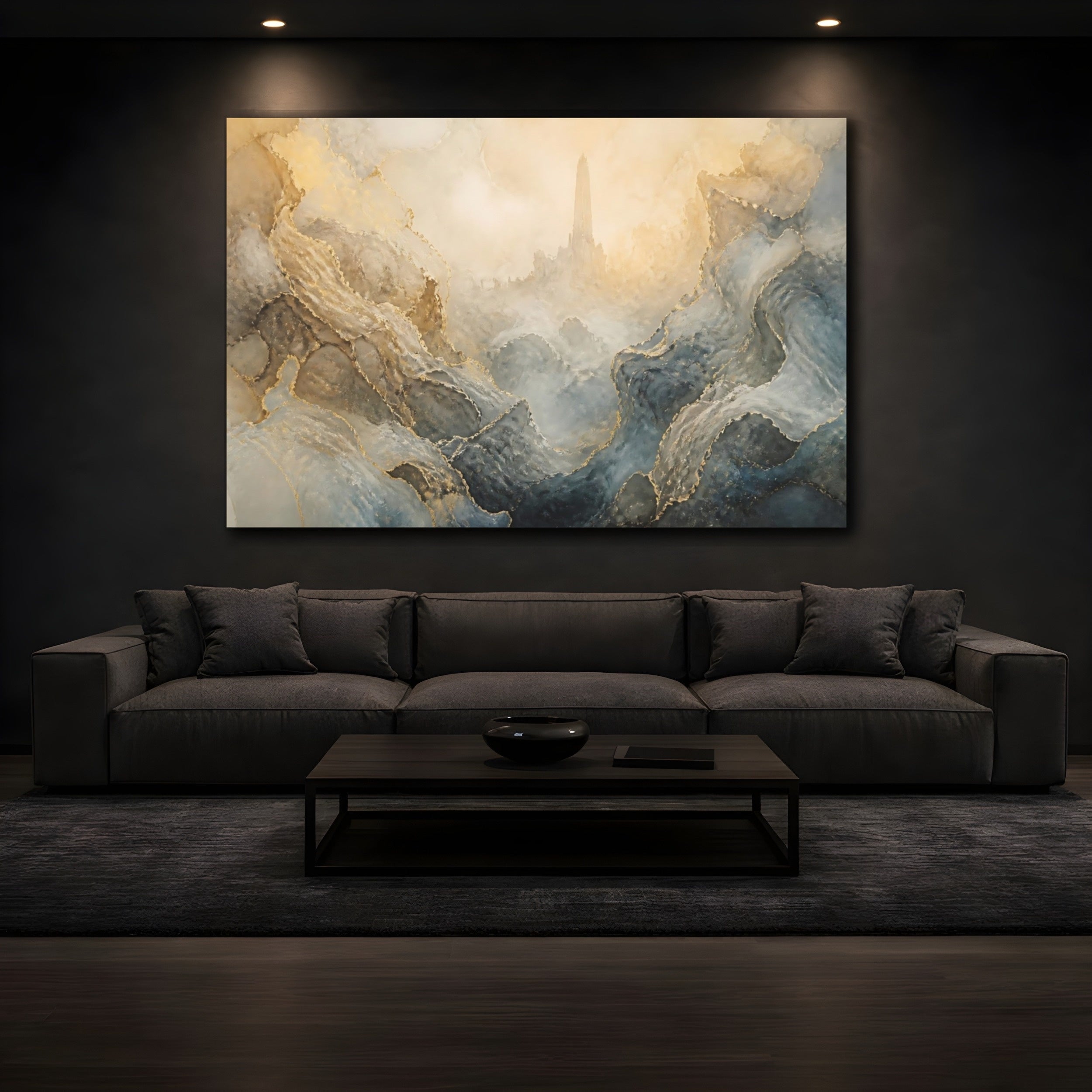 Mockup 3. Fairytale Fantasy Tower Abstract Gold Mountain shown as stretched canvas wall art