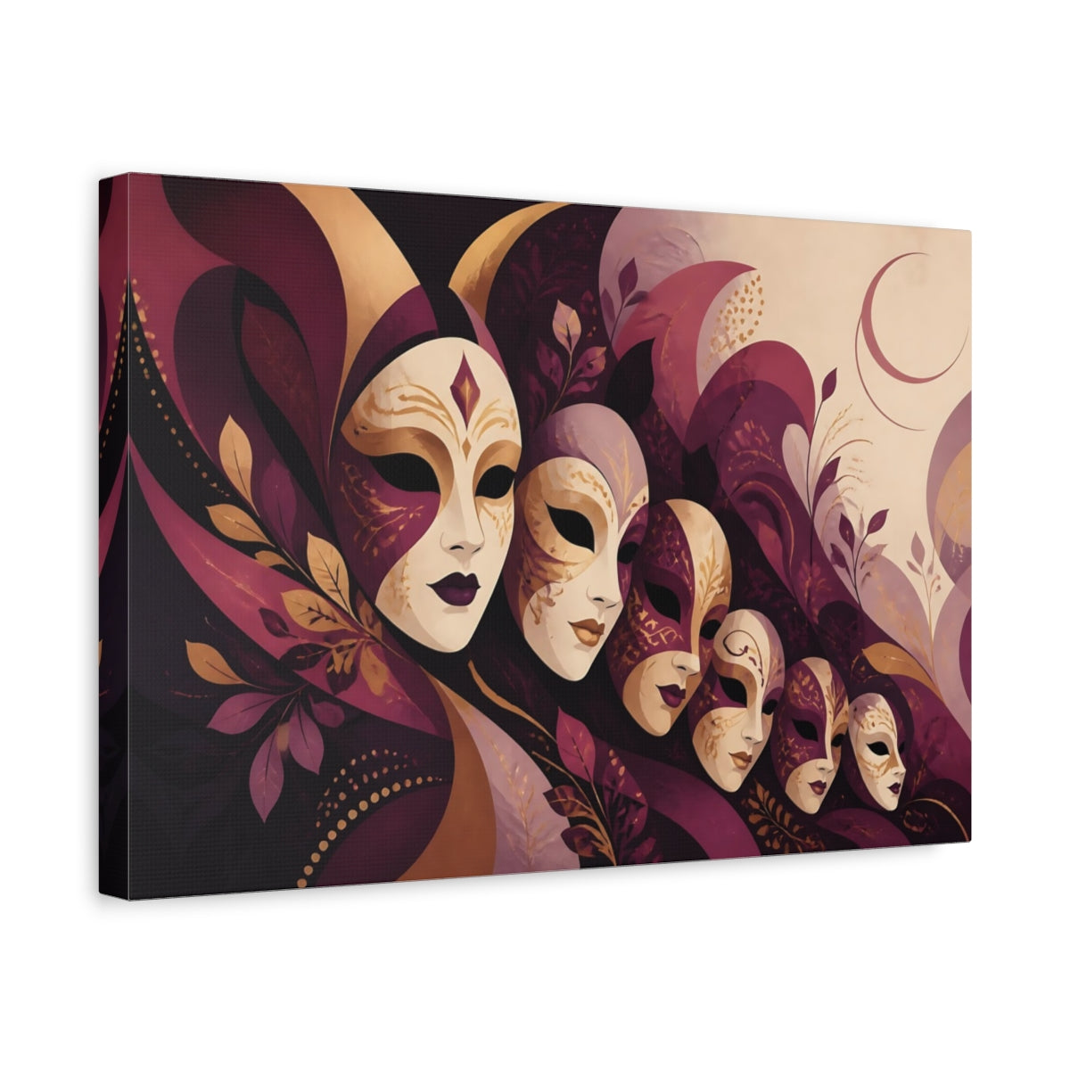 Side Mockup 4. Fairytale Venetian Masks Purple Gold Masks shown as stretched canvas wall art