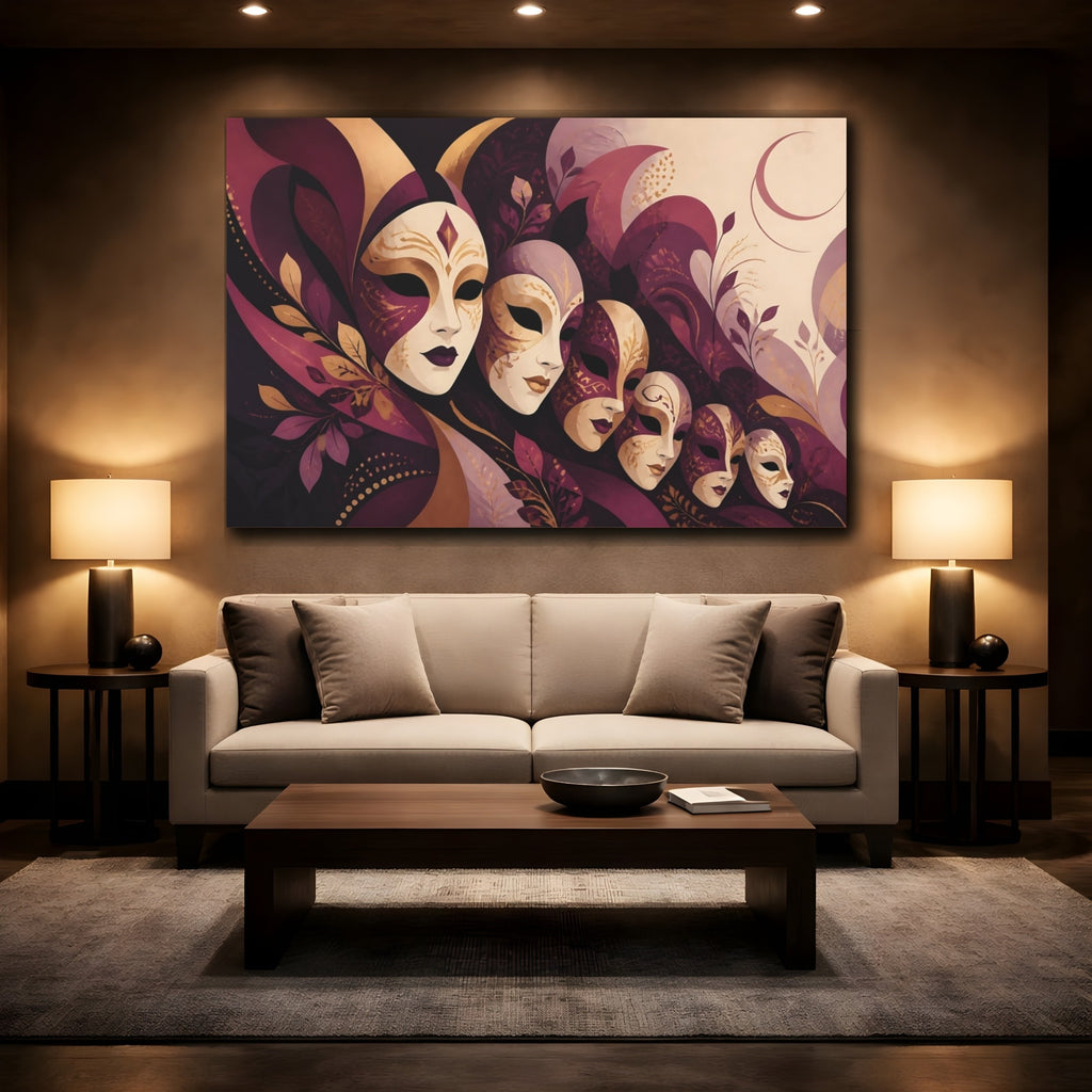 Mockup 2. Fairytale Venetian Masks Purple Gold Masks shown as stretched canvas wall art