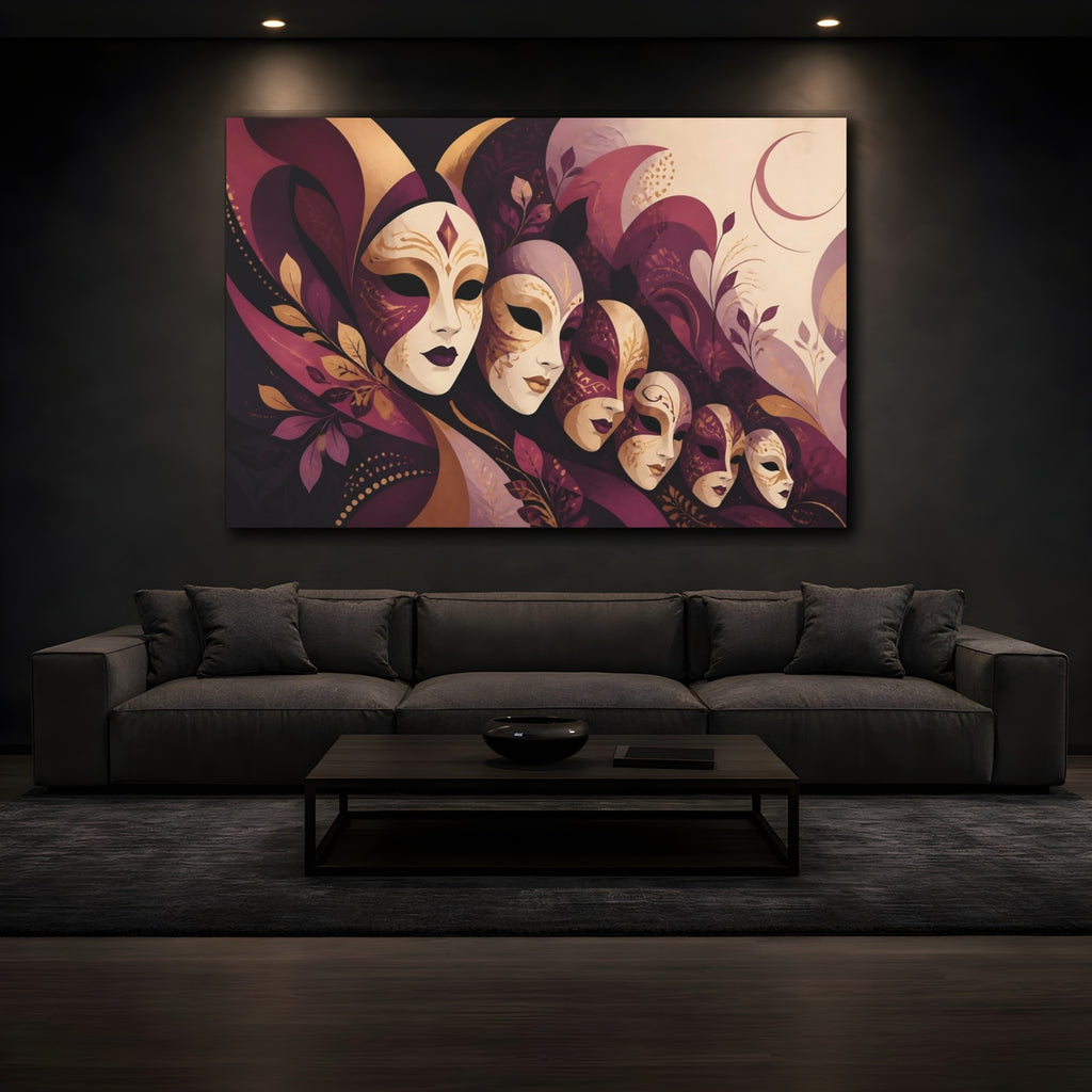 Mockup 3. Fairytale Venetian Masks Purple Gold Masks shown as stretched canvas wall art