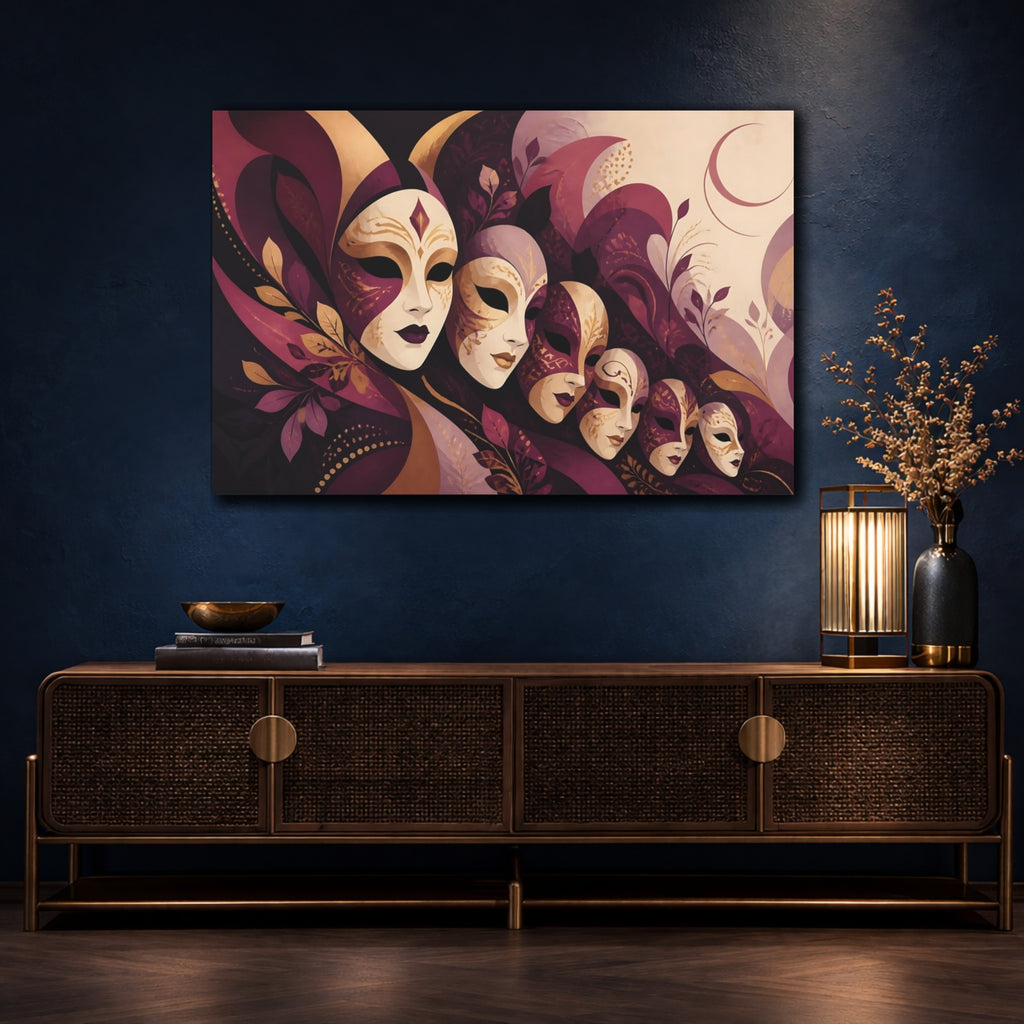 Mockup 4. Fairytale Venetian Masks Purple Gold Masks shown as stretched canvas wall art