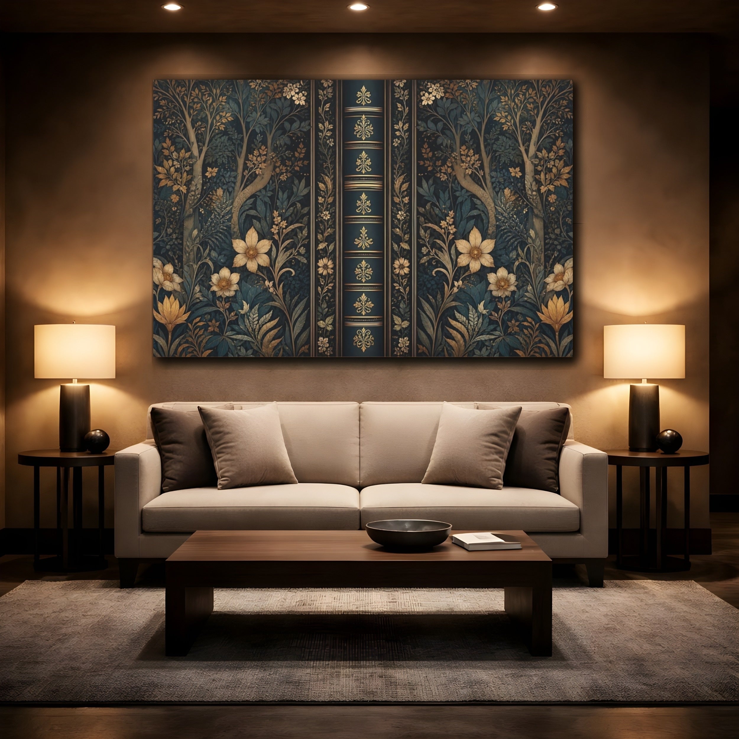 Mockup 2. Floral Botanical Pattern Dark Teal Gold shown as stretched canvas wall art