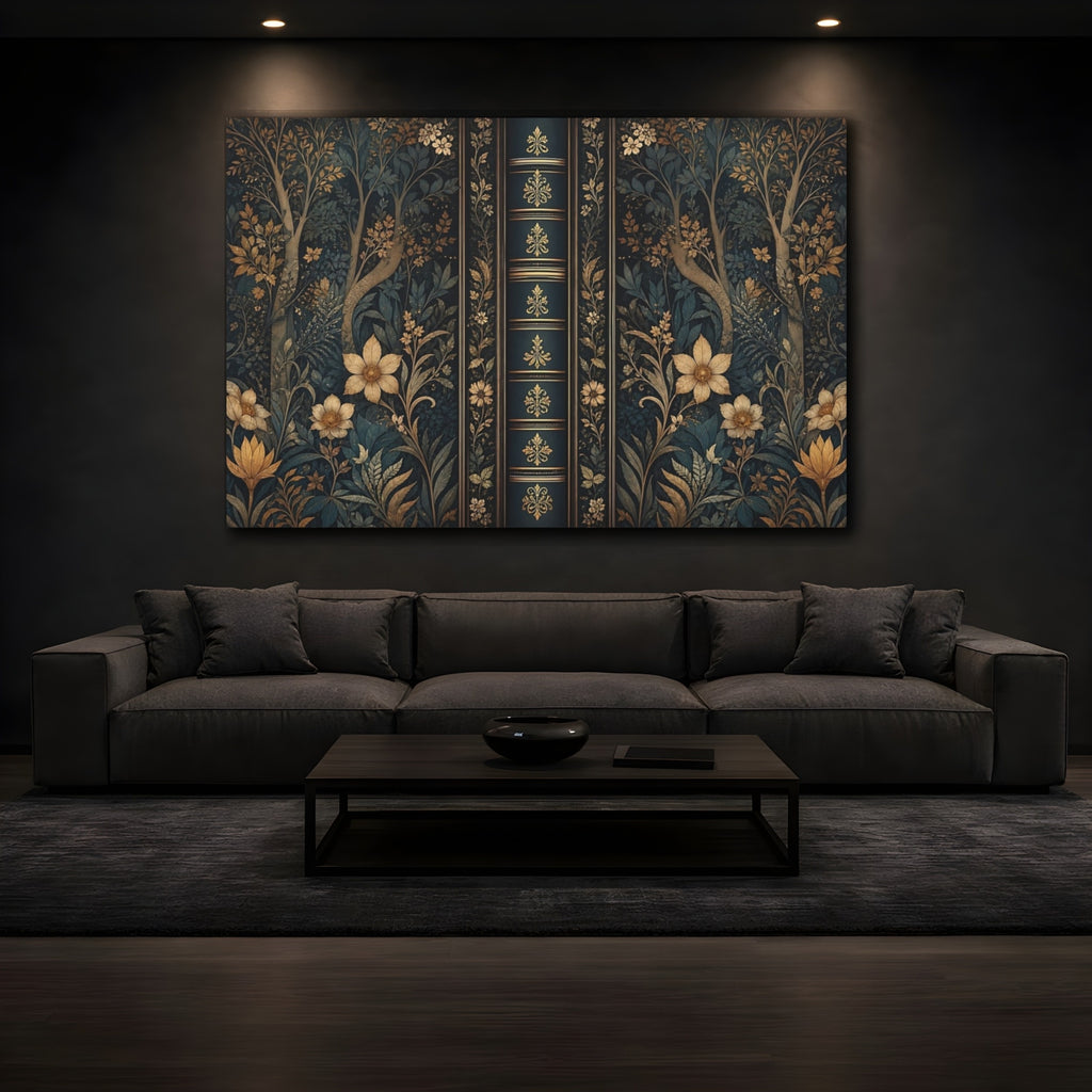Mockup 3. Floral Botanical Pattern Dark Teal Gold shown as stretched canvas wall art