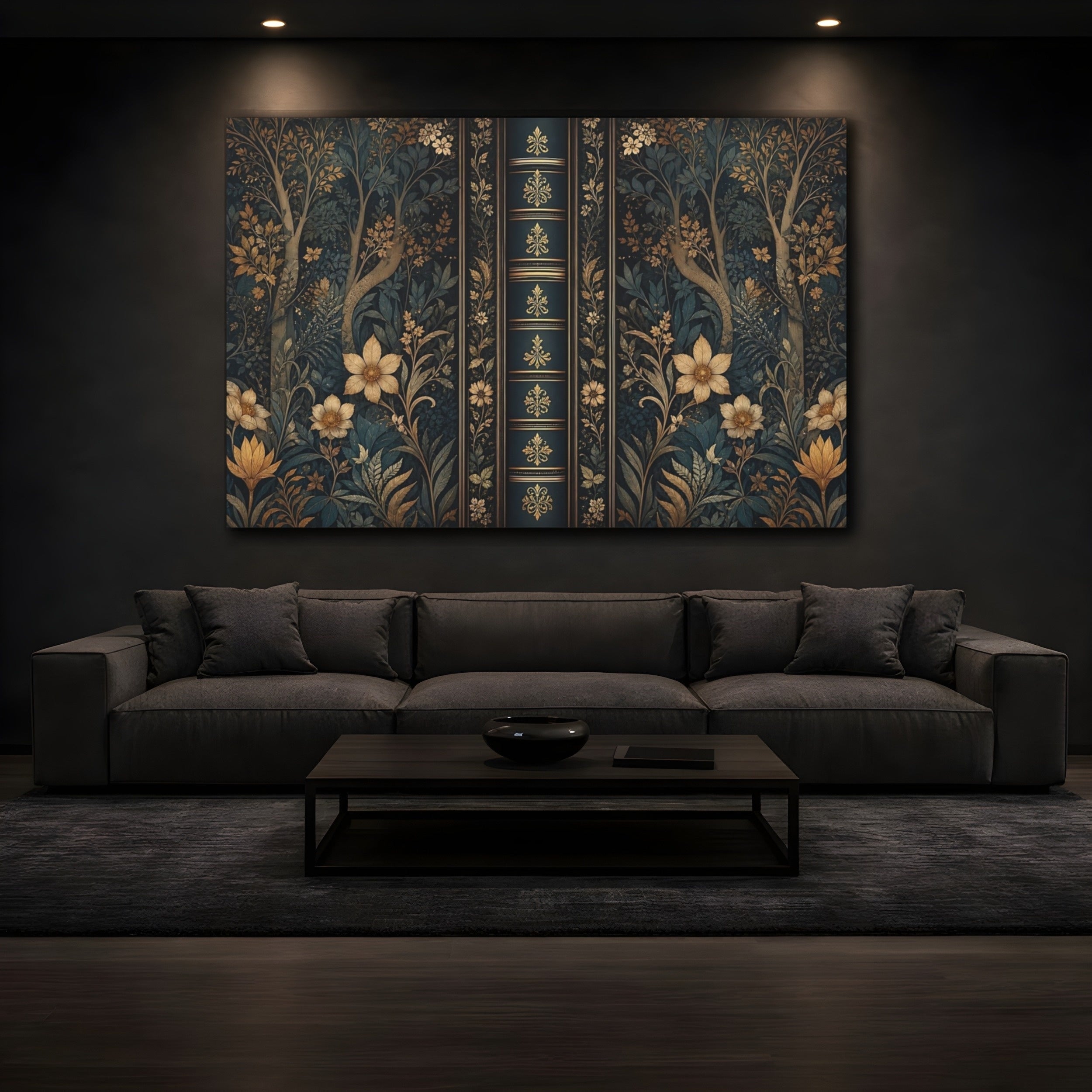 Mockup 3. Floral Botanical Pattern Dark Teal Gold shown as stretched canvas wall art