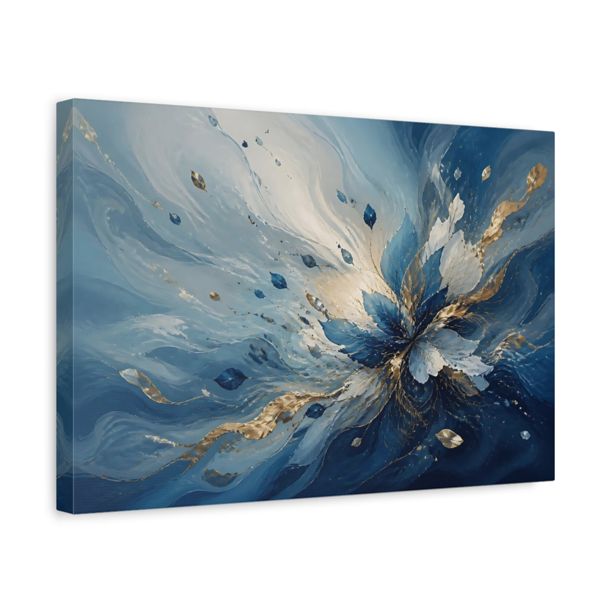 Side Mockup 4. Floral Floral Burst Blue And Gold shown as stretched canvas wall art
