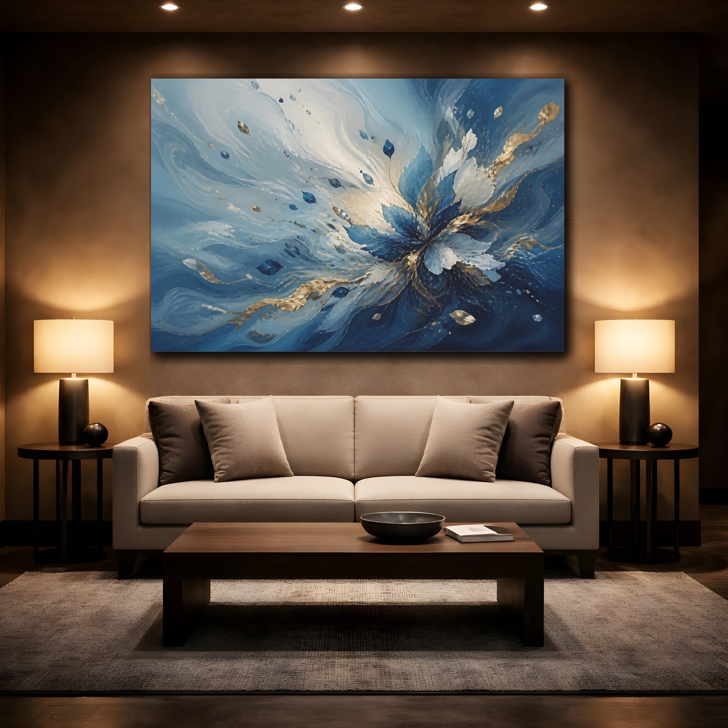 Mockup 2. Floral Floral Burst Blue And Gold shown as stretched canvas wall art