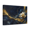 Side Mockup 4. Floral Lotus Flower Blue And Gold shown as stretched canvas wall art
