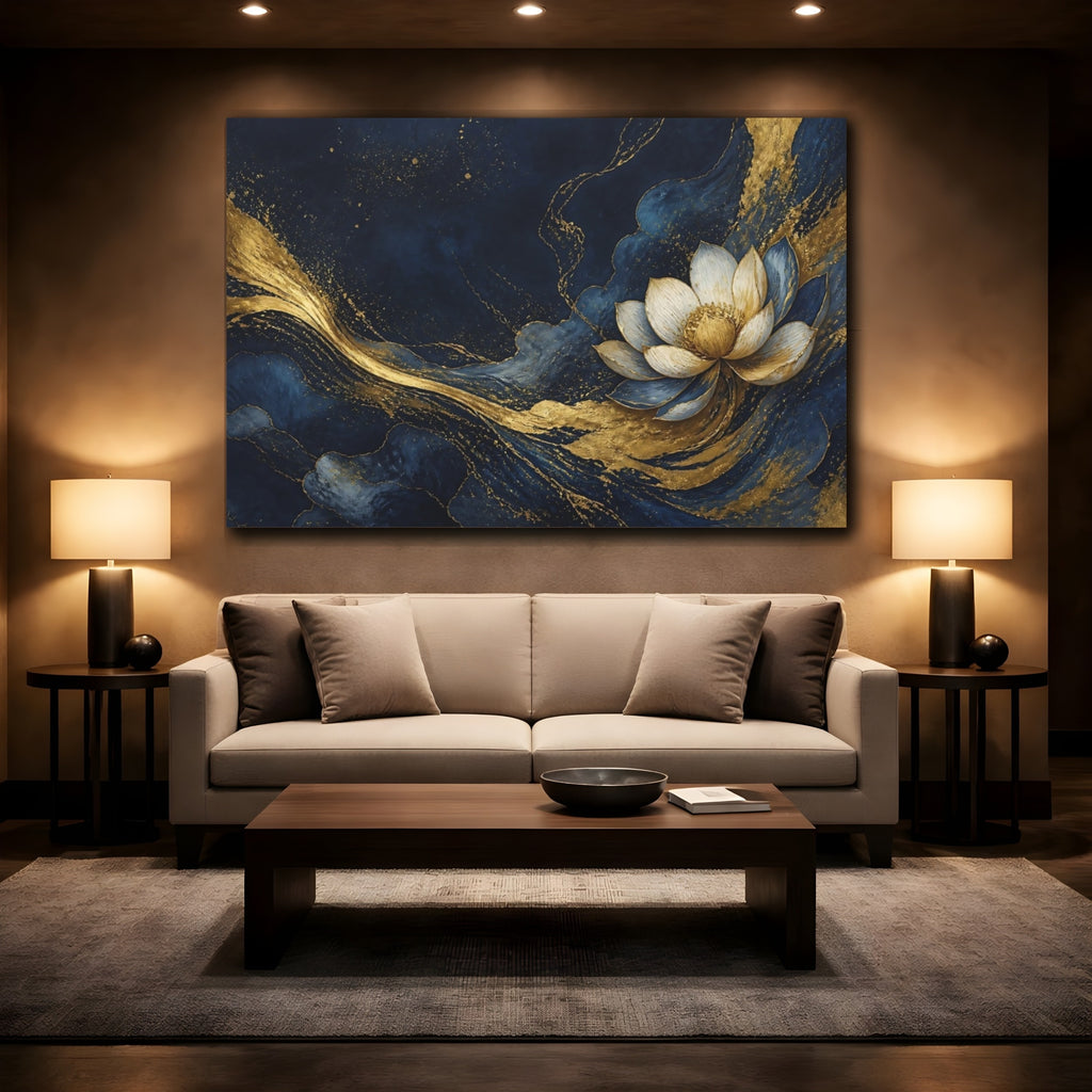 Mockup 2. Floral Lotus Flower Blue And Gold shown as stretched canvas wall art