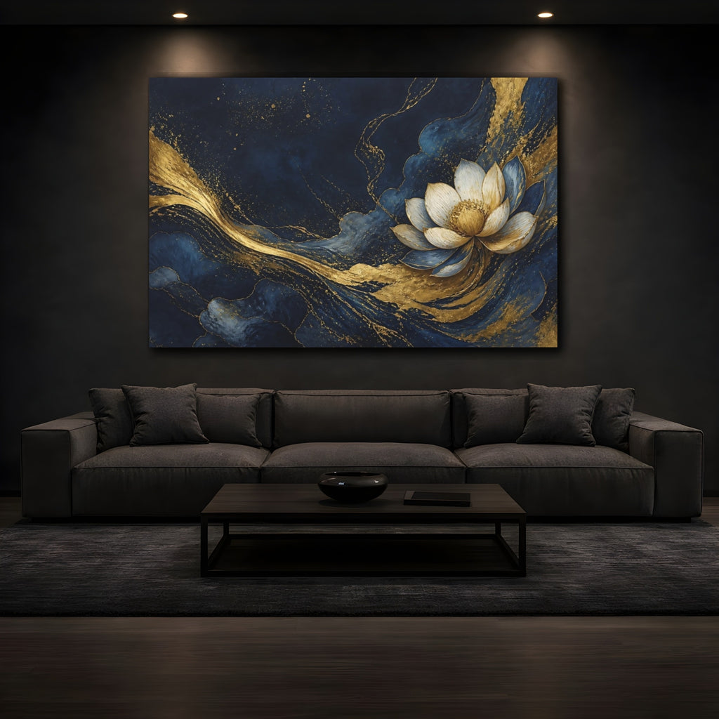 Mockup 3. Floral Lotus Flower Blue And Gold shown as stretched canvas wall art