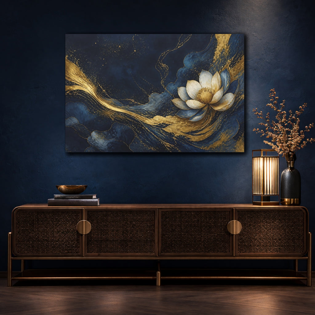 Mockup 4. Floral Lotus Flower Blue And Gold shown as stretched canvas wall art