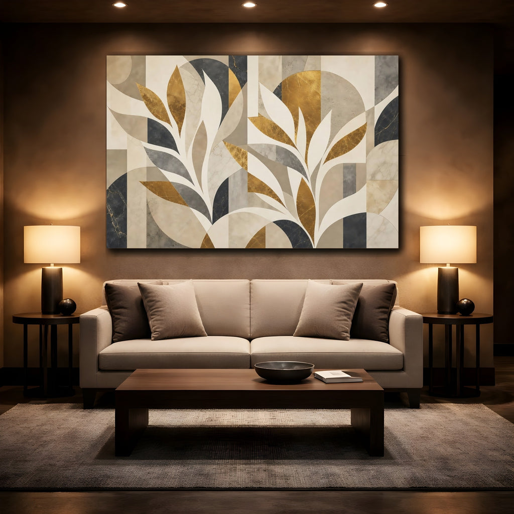 Mockup 2. Floral Stylized Leaves Gold Gray Abstract shown as stretched canvas wall art
