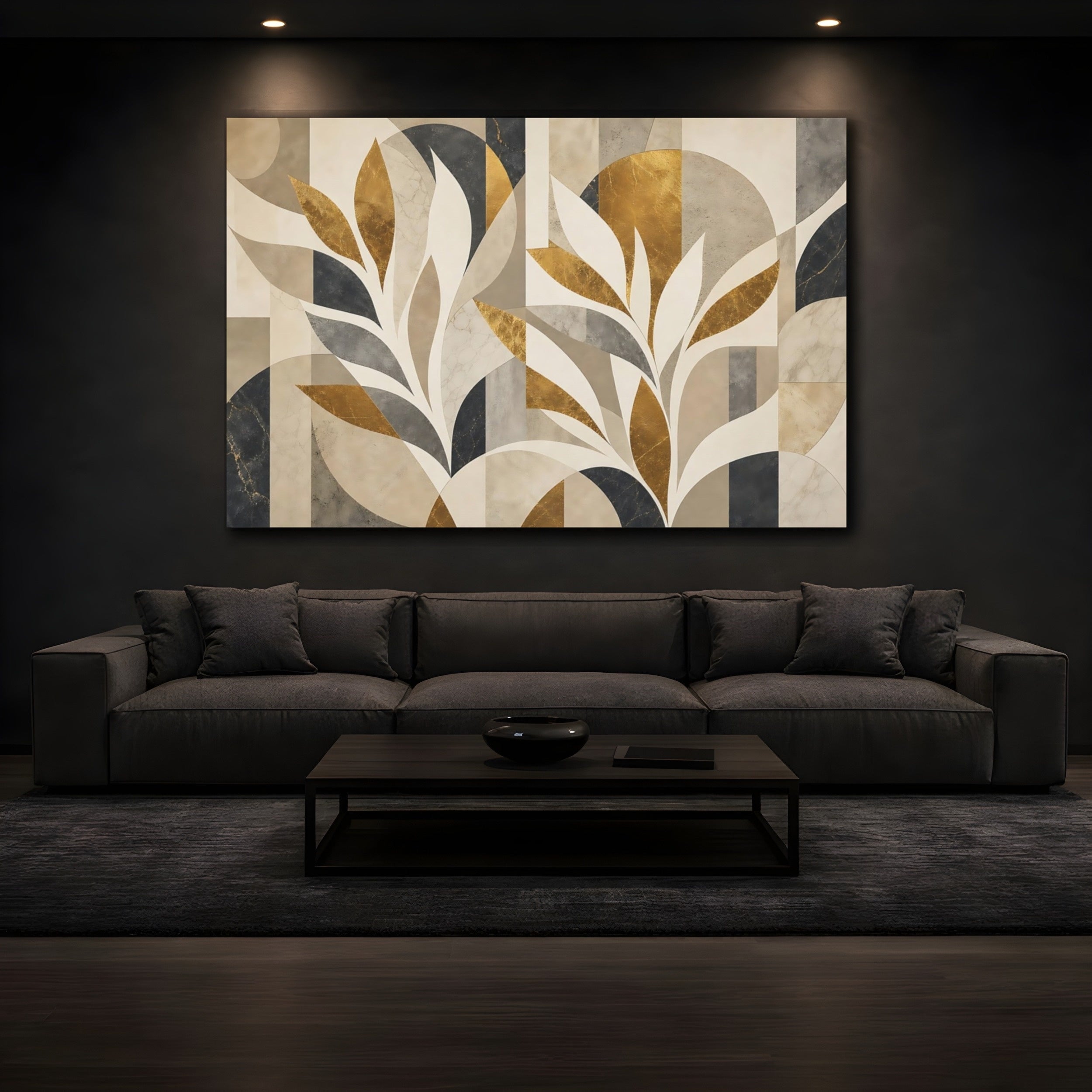 Mockup 3. Floral Stylized Leaves Gold Gray Abstract shown as stretched canvas wall art