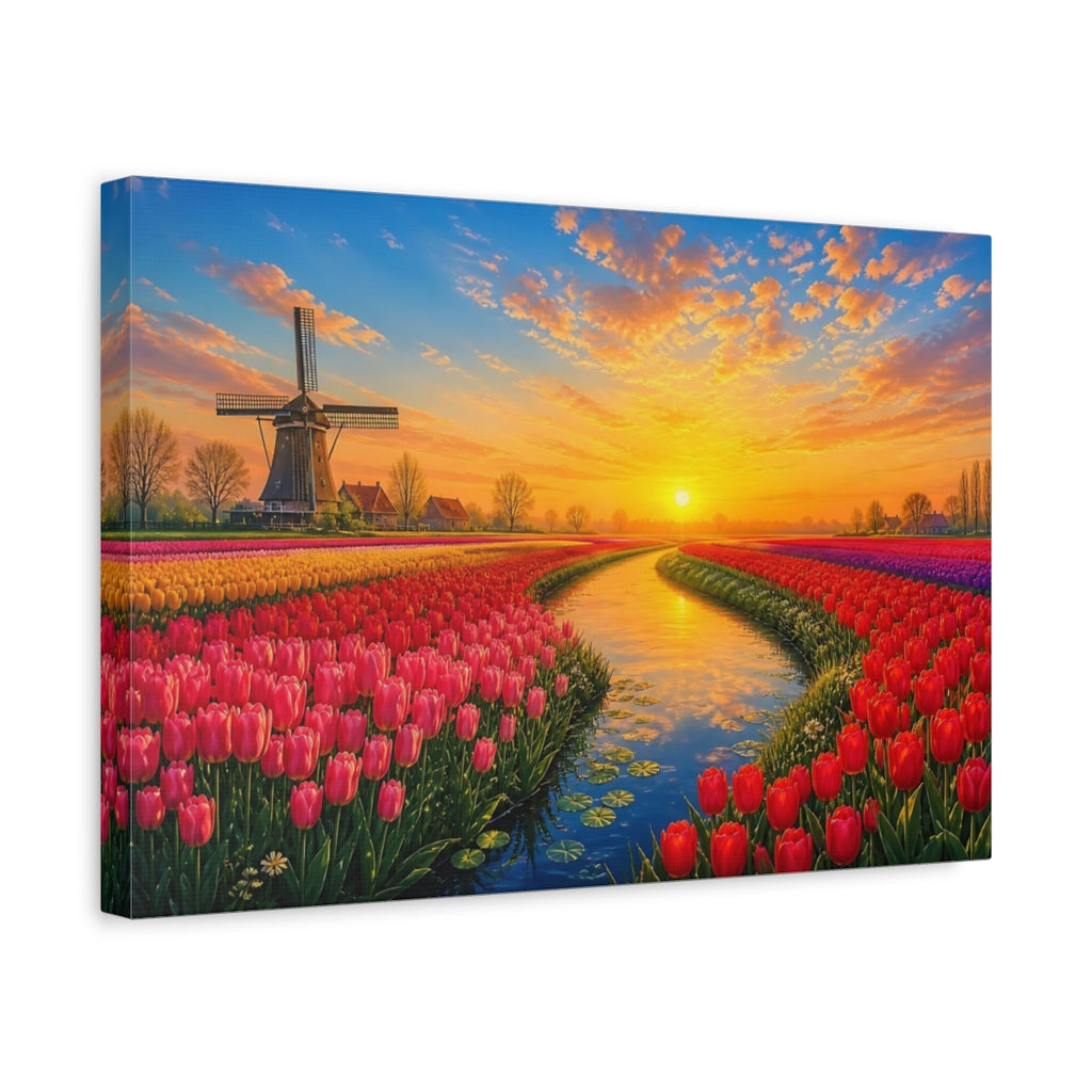 Side Mockup 4. Floral Tulip Field Vibrant Tulip Field shown as stretched canvas wall art