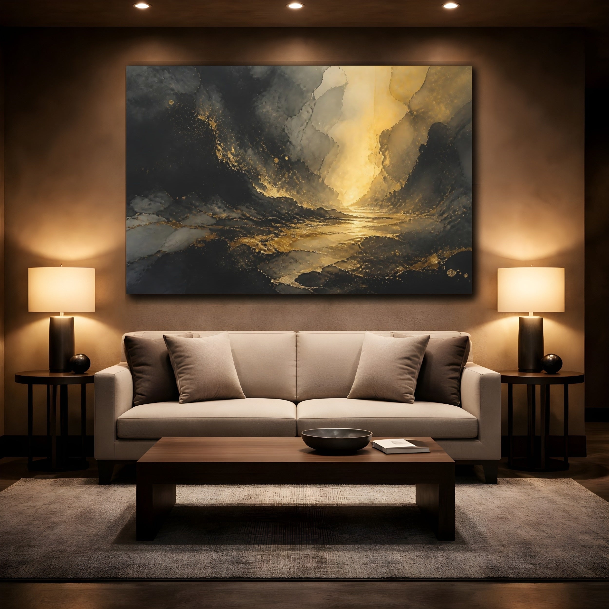 Mockup 2. Nature Abstract Landscape Black And Gold shown as stretched canvas wall art